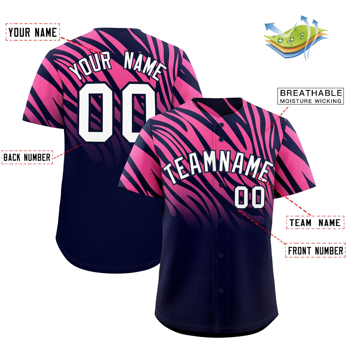 Custom Navy Pink Tiger Stripe Gradient Animal Print Personalized Team Shirt Baseball Jersey