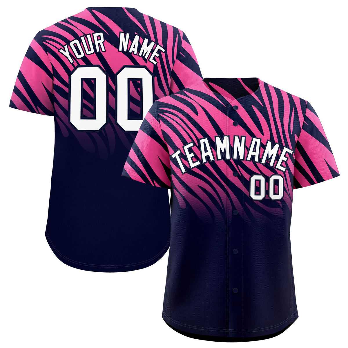 Custom Navy Pink Tiger Stripe Gradient Animal Print Personalized Team Shirt Baseball Jersey