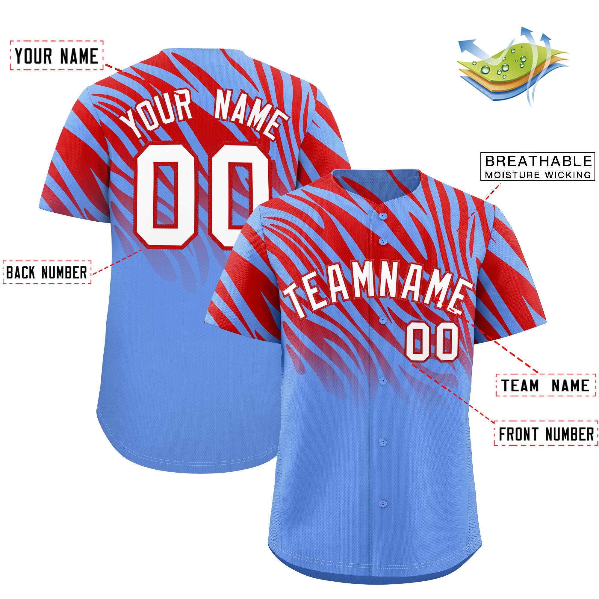 Custom Red Light Blue Tiger Stripe Gradient Animal Print Personalized Team Shirt Baseball Jersey