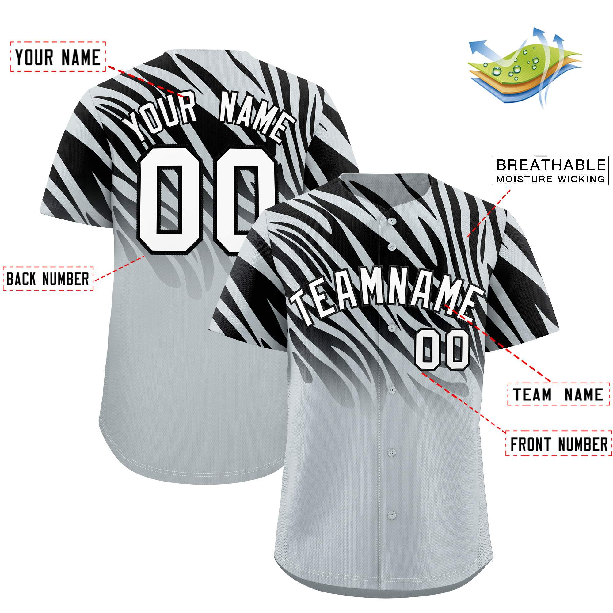 Custom Black Silver Tiger Stripe Gradient Animal Print Personalized Team Shirt Baseball Jersey