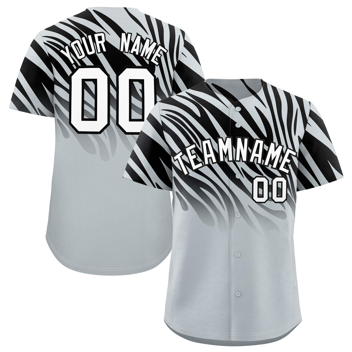 Custom Black Silver Tiger Stripe Gradient Animal Print Personalized Team Shirt Baseball Jersey