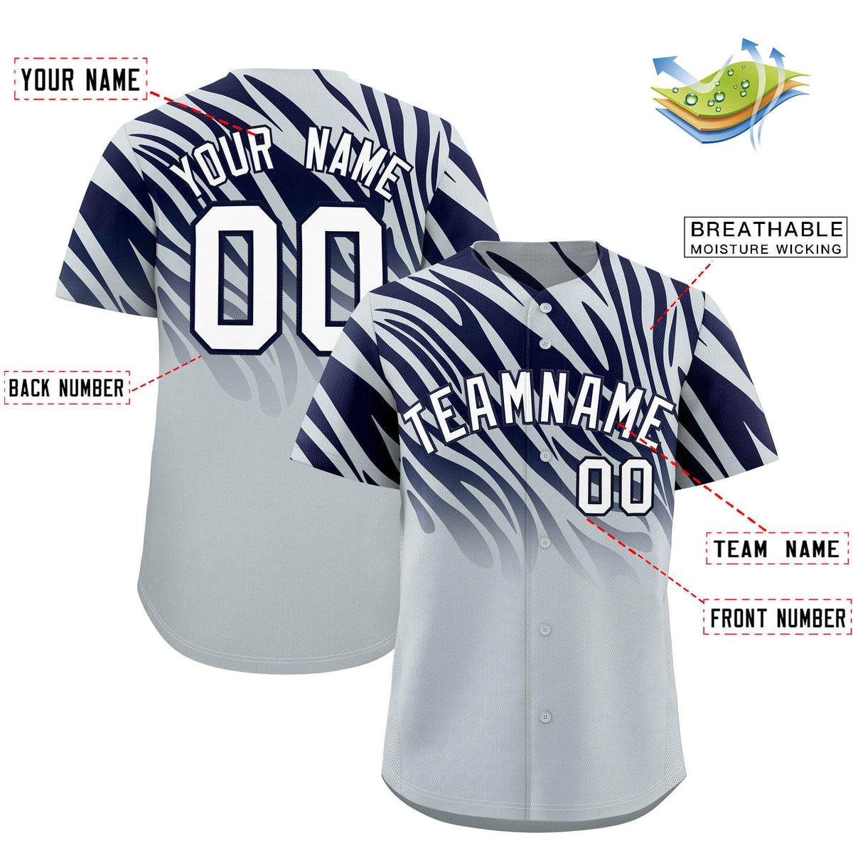 Custom Navy Silver Tiger Stripe Gradient Animal Print Personalized Team Shirt Baseball Jersey