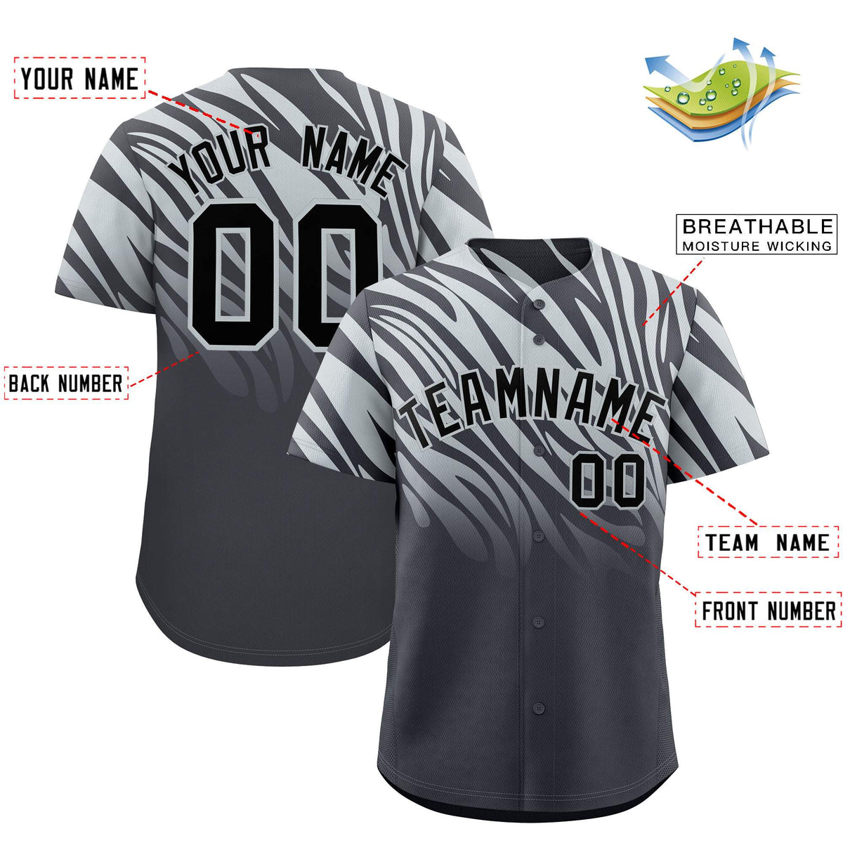 Custom Gray Silver Tiger Stripe Gradient Animal Print Personalized Team Shirt Baseball Jersey