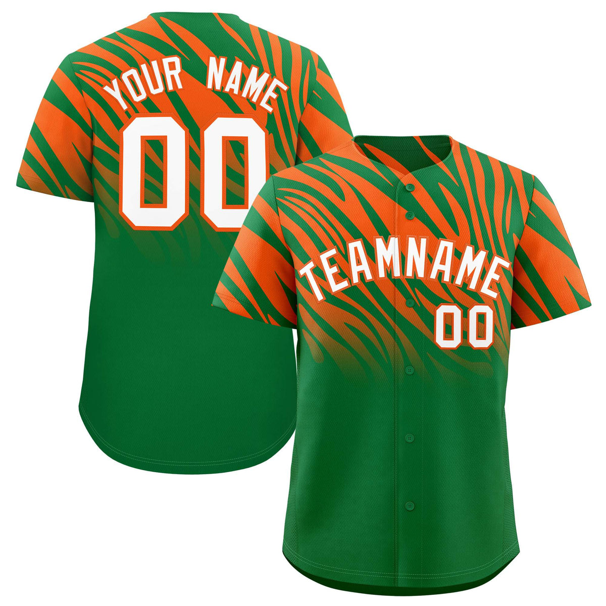 Custom Kelly Green Orange Tiger Stripe Gradient Animal Print Personalized Team Shirt Baseball Jersey