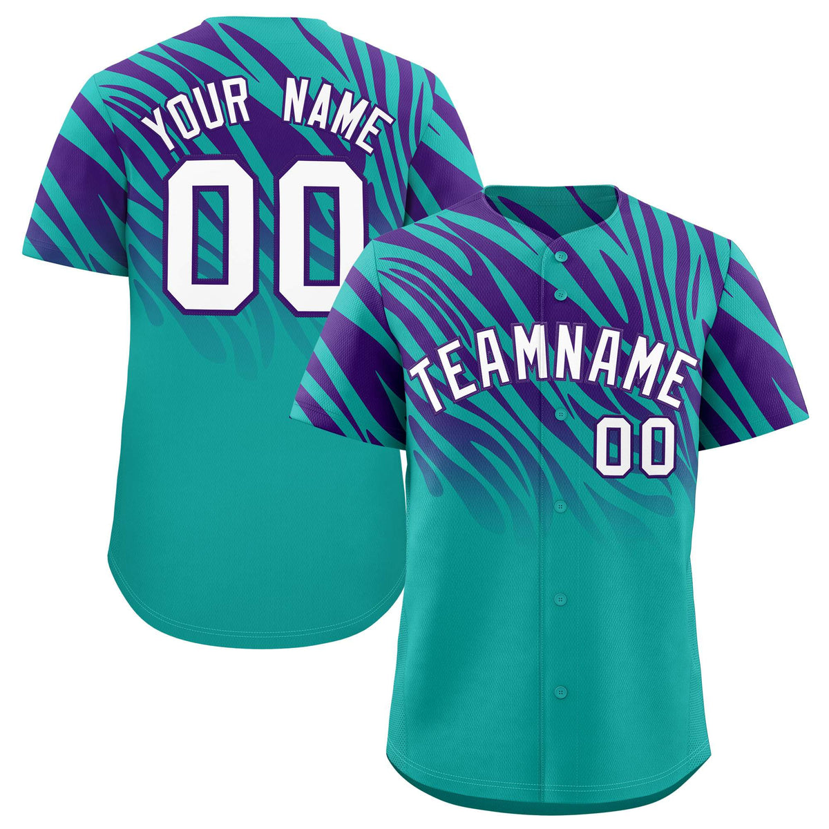Custom Aqua Purple Tiger Stripe Gradient Animal Print Personalized Team Shirt Baseball Jersey