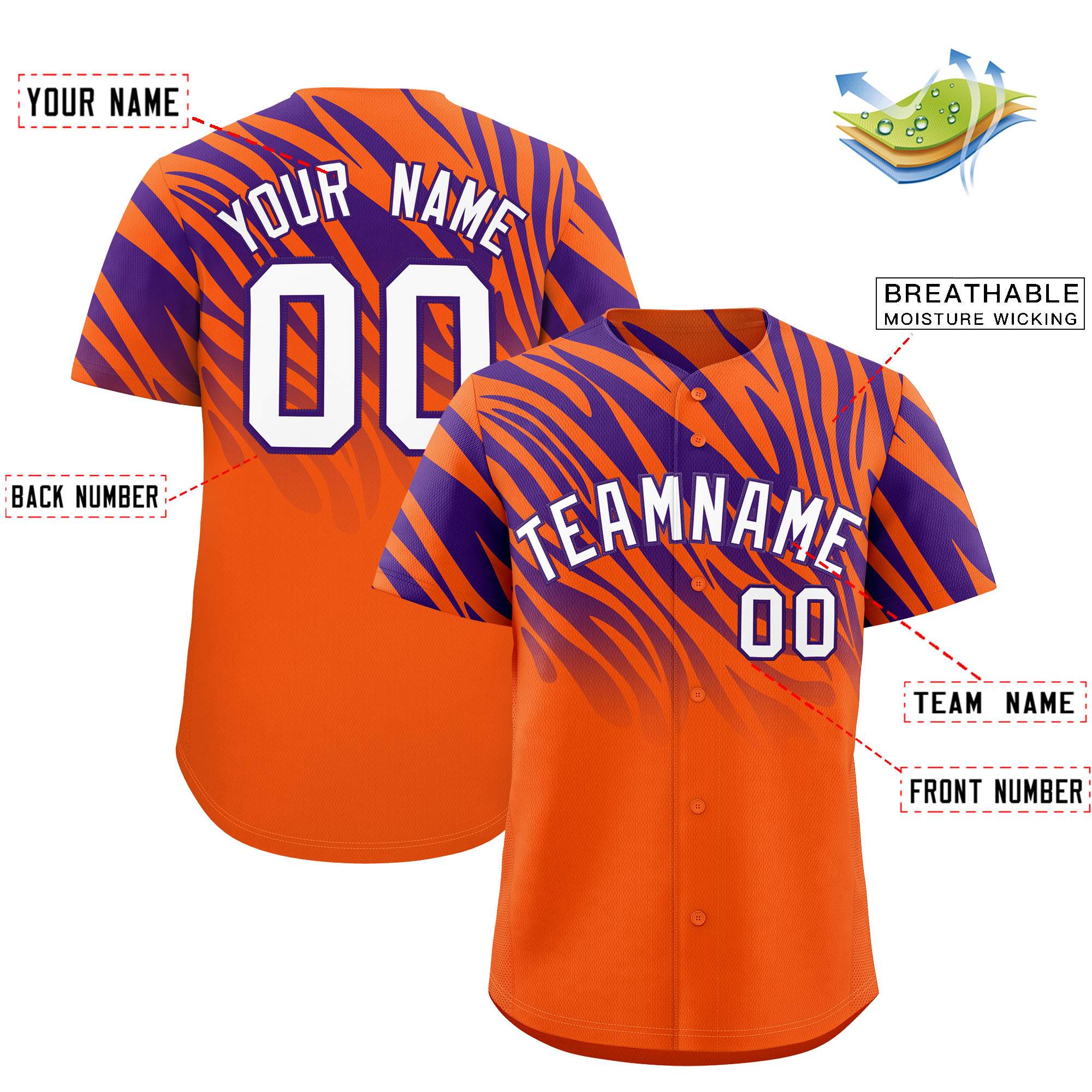 Custom Purple Orange Tiger Stripe Gradient Animal Print Personalized Team Shirt Baseball Jersey