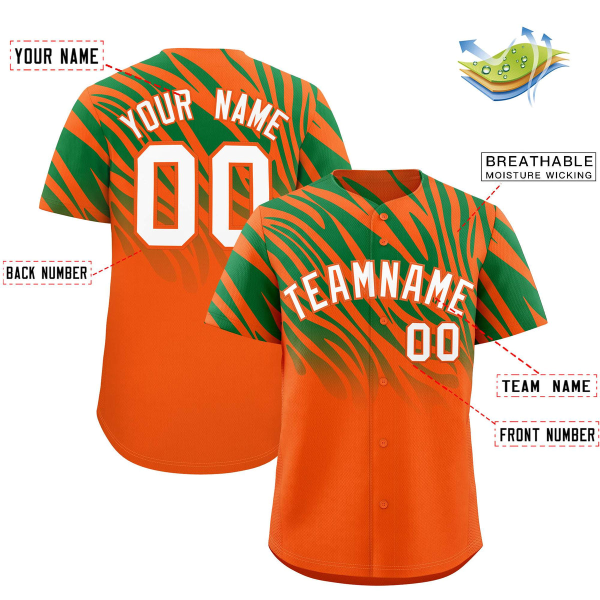 Custom Orange Kelly Green Tiger Stripe Gradient Animal Print Personalized Team Shirt Baseball Jersey