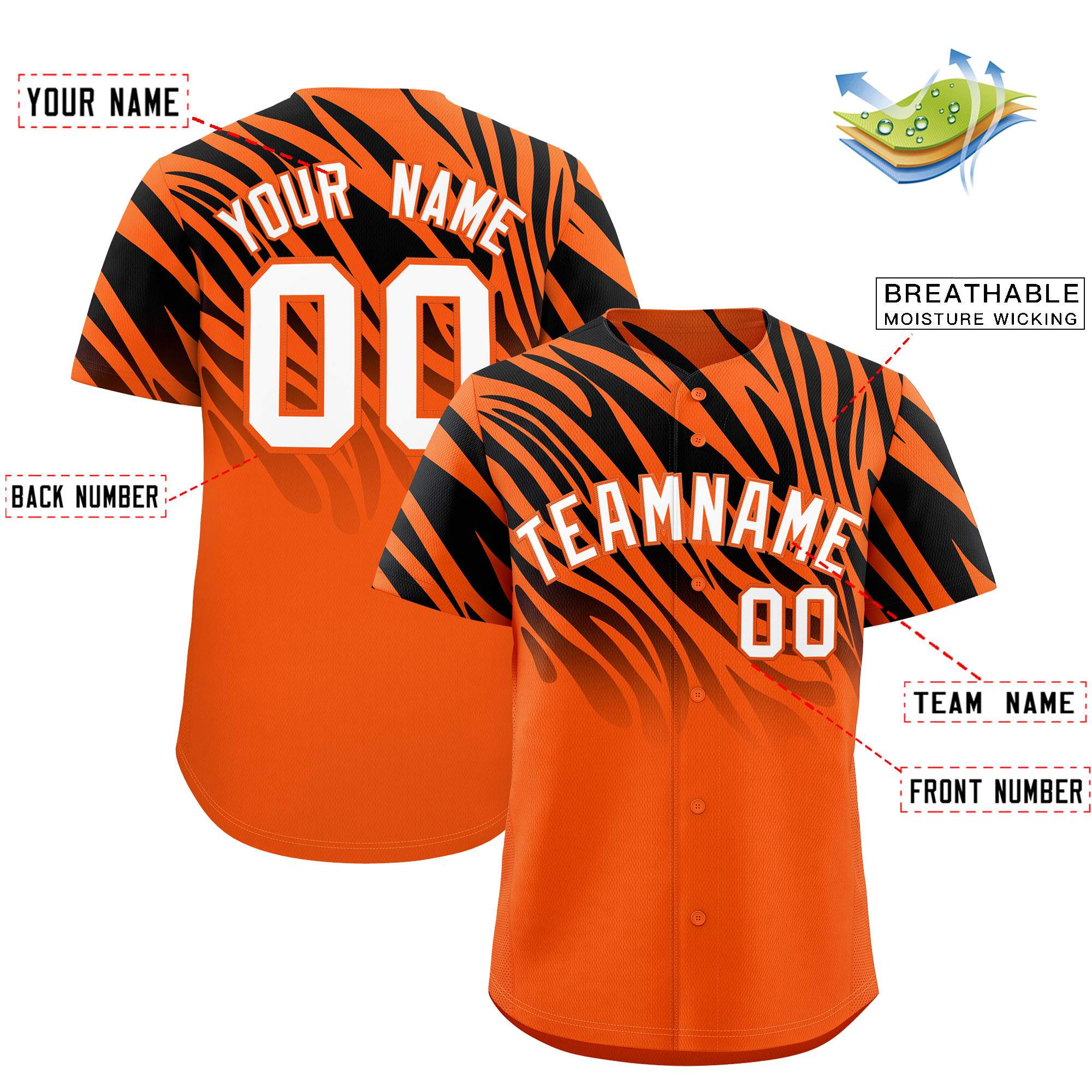 Custom Black Orange Tiger Stripe Gradient Animal Print Personalized Team Shirt Baseball Jersey
