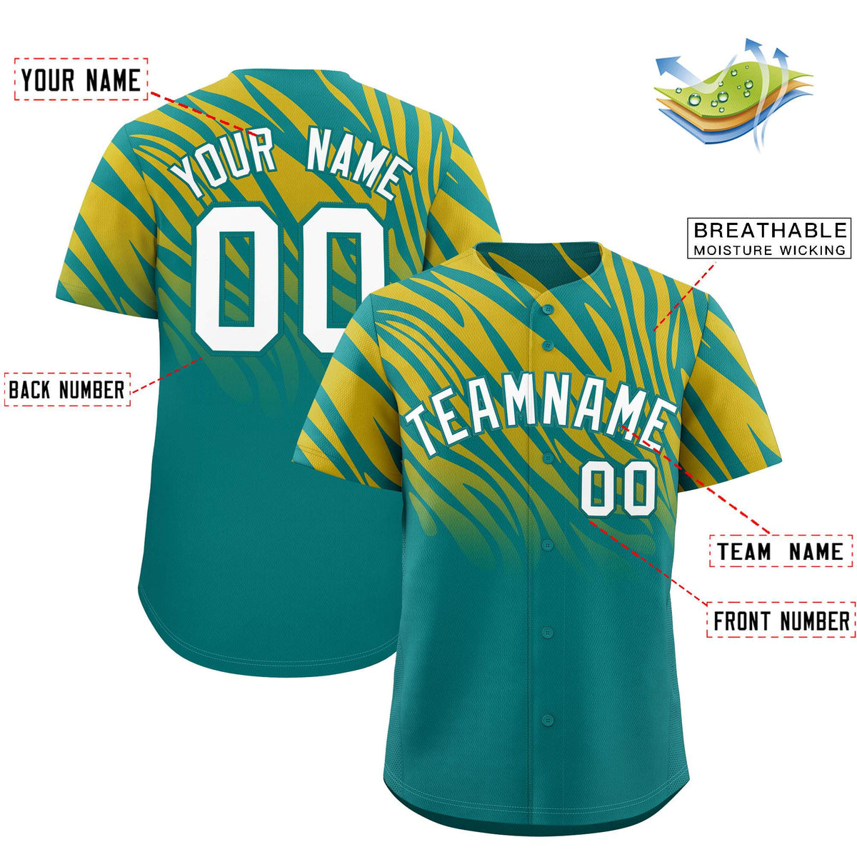 Custom Aqua Old Gold Tiger Stripe Gradient Animal Print Personalized Team Shirt Baseball Jersey