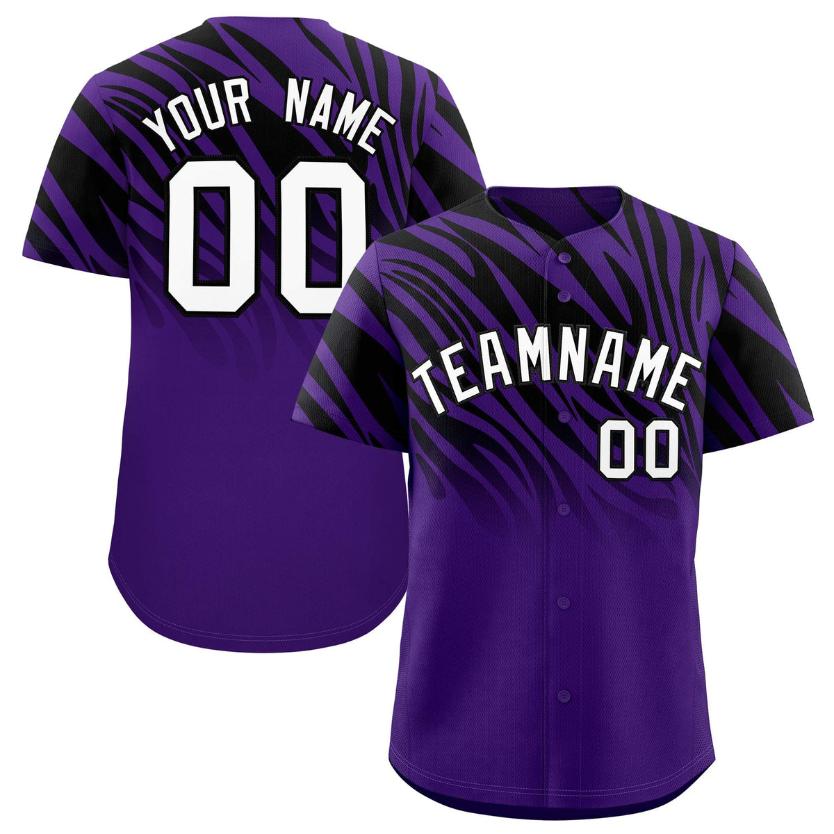 Custom Black Purple Tiger Stripe Gradient Animal Print Personalized Team Shirt Baseball Jersey