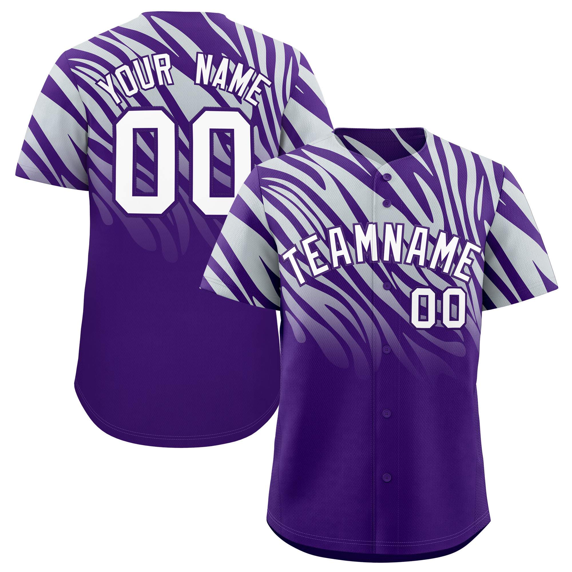 Custom Purple Silver Tiger Stripe Gradient Animal Print Personalized Team Shirt Baseball Jersey