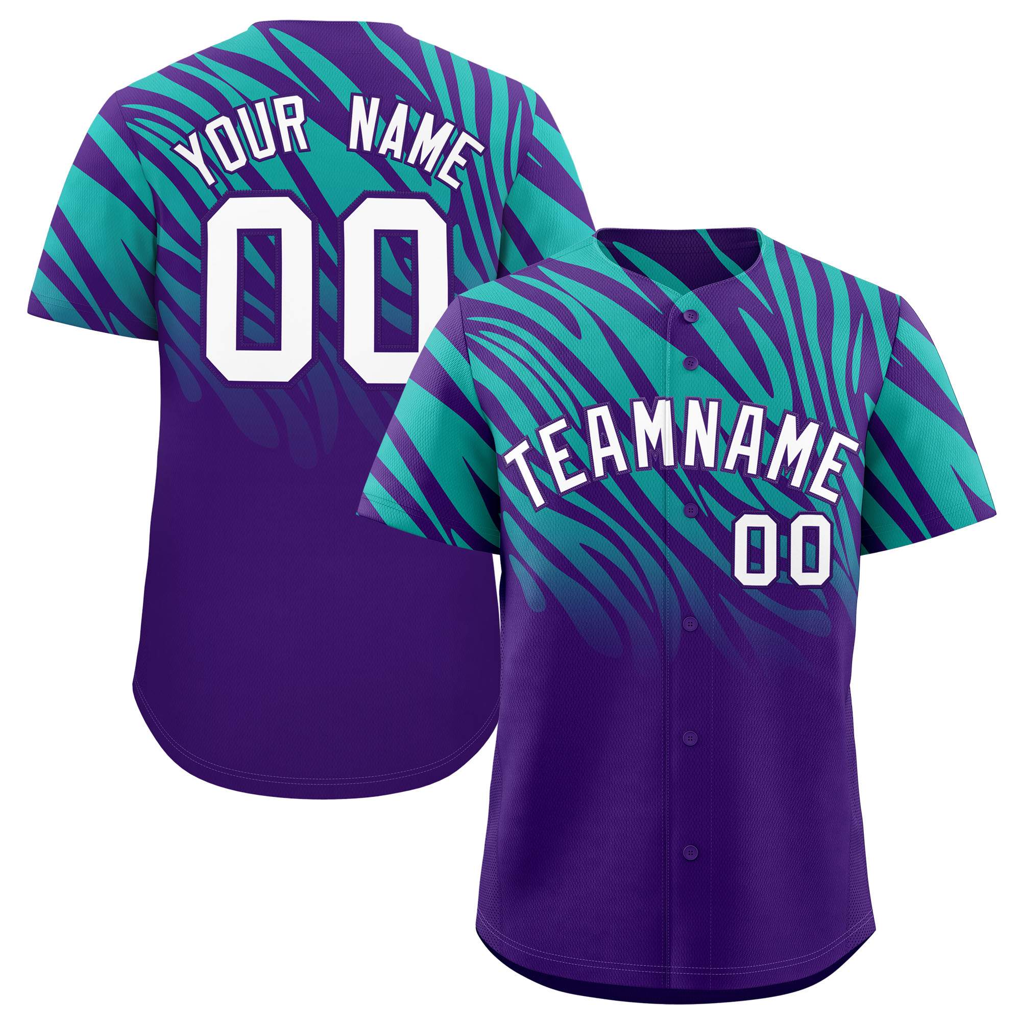 Custom Purple Aqua Tiger Stripe Gradient Animal Print Personalized Team Shirt Baseball Jersey