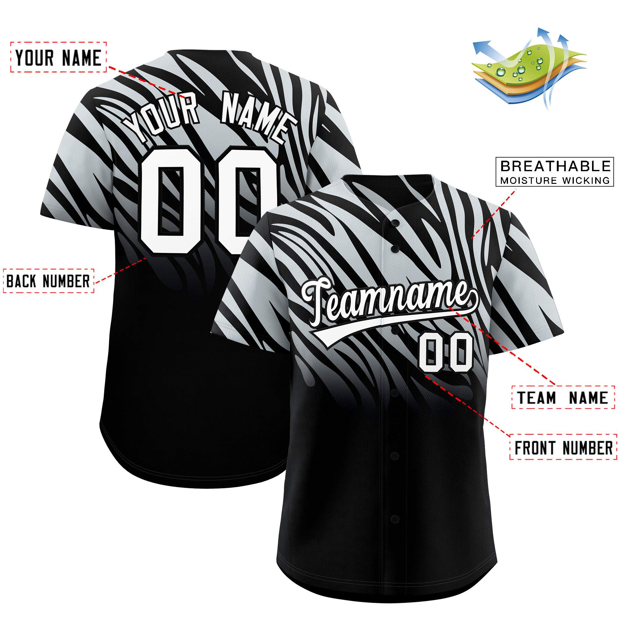 Custom Silver Black Tiger Stripe Gradient Animal Print Personalized Team Shirt Baseball Jersey