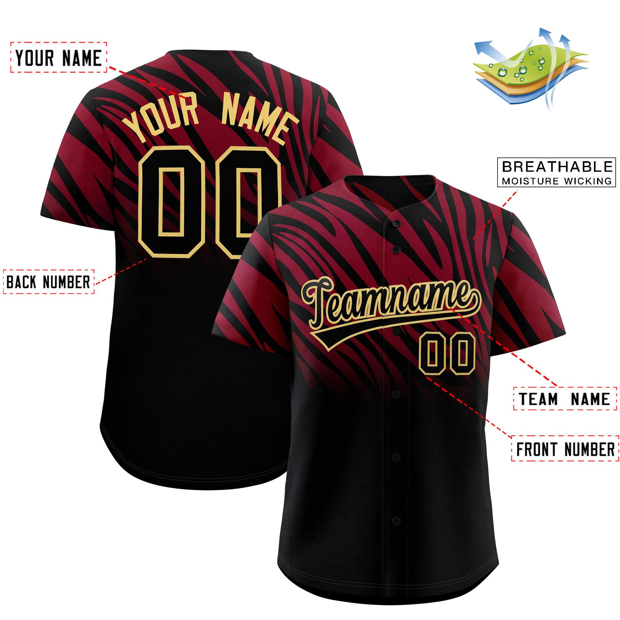 Custom Crimson Black Tiger Stripe Gradient Animal Print Personalized Team Shirt Baseball Jersey