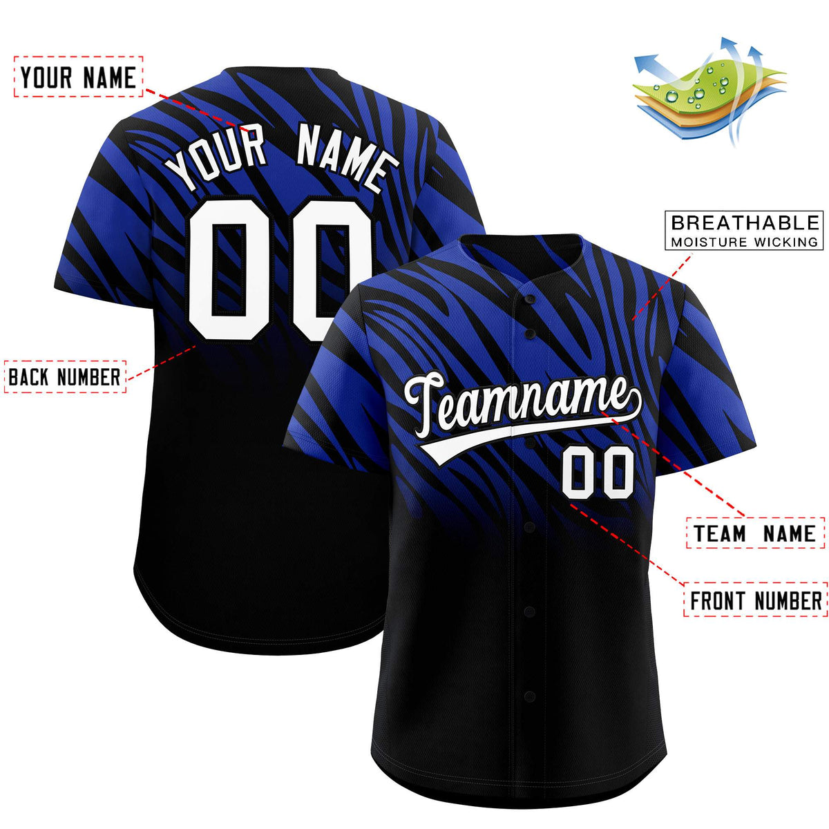 Custom Royal Black Tiger Stripe Gradient Animal Print Personalized Team Shirt Baseball Jersey