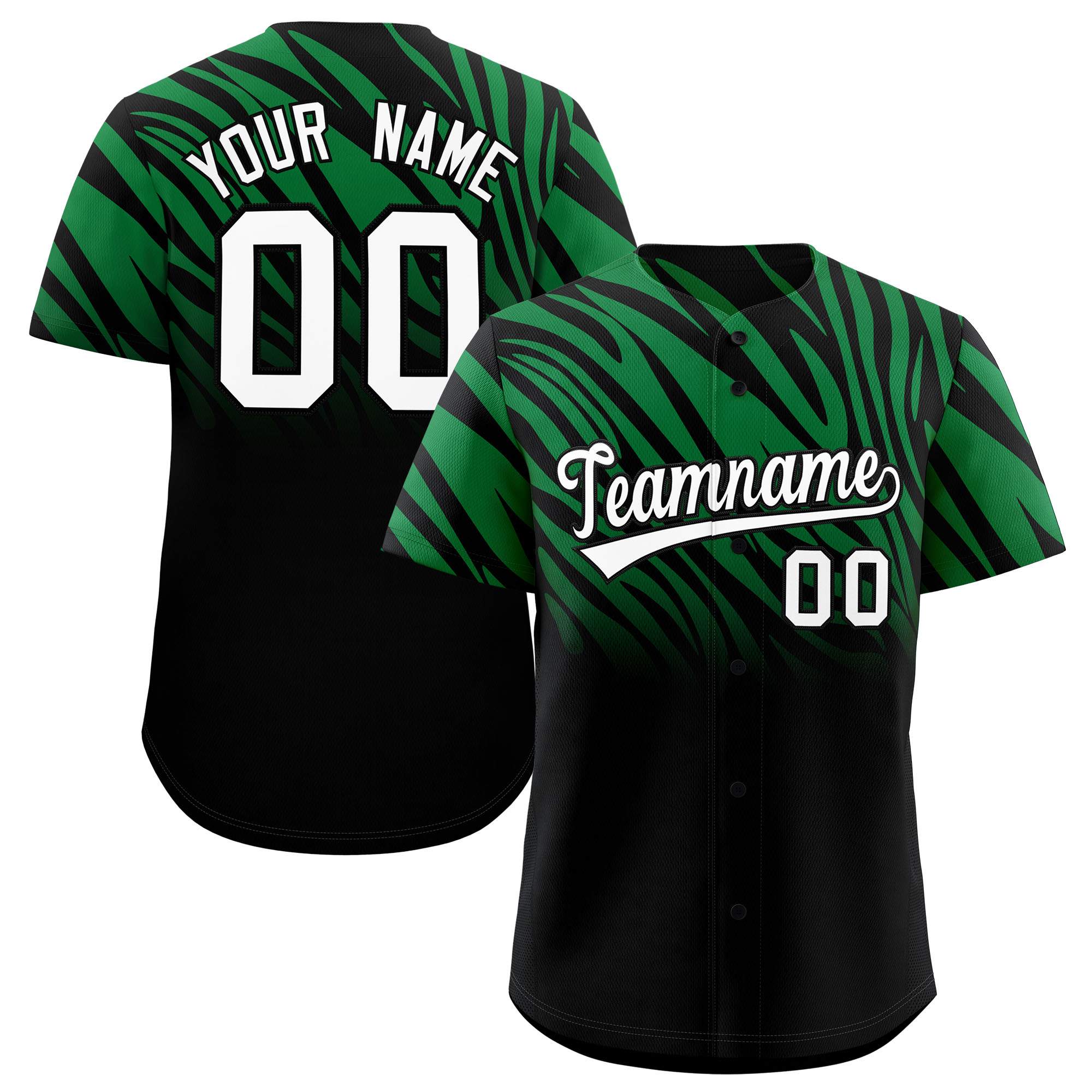 Custom Kelly Green Black Tiger Stripe Gradient Animal Print Personalized Team Shirt Baseball Jersey