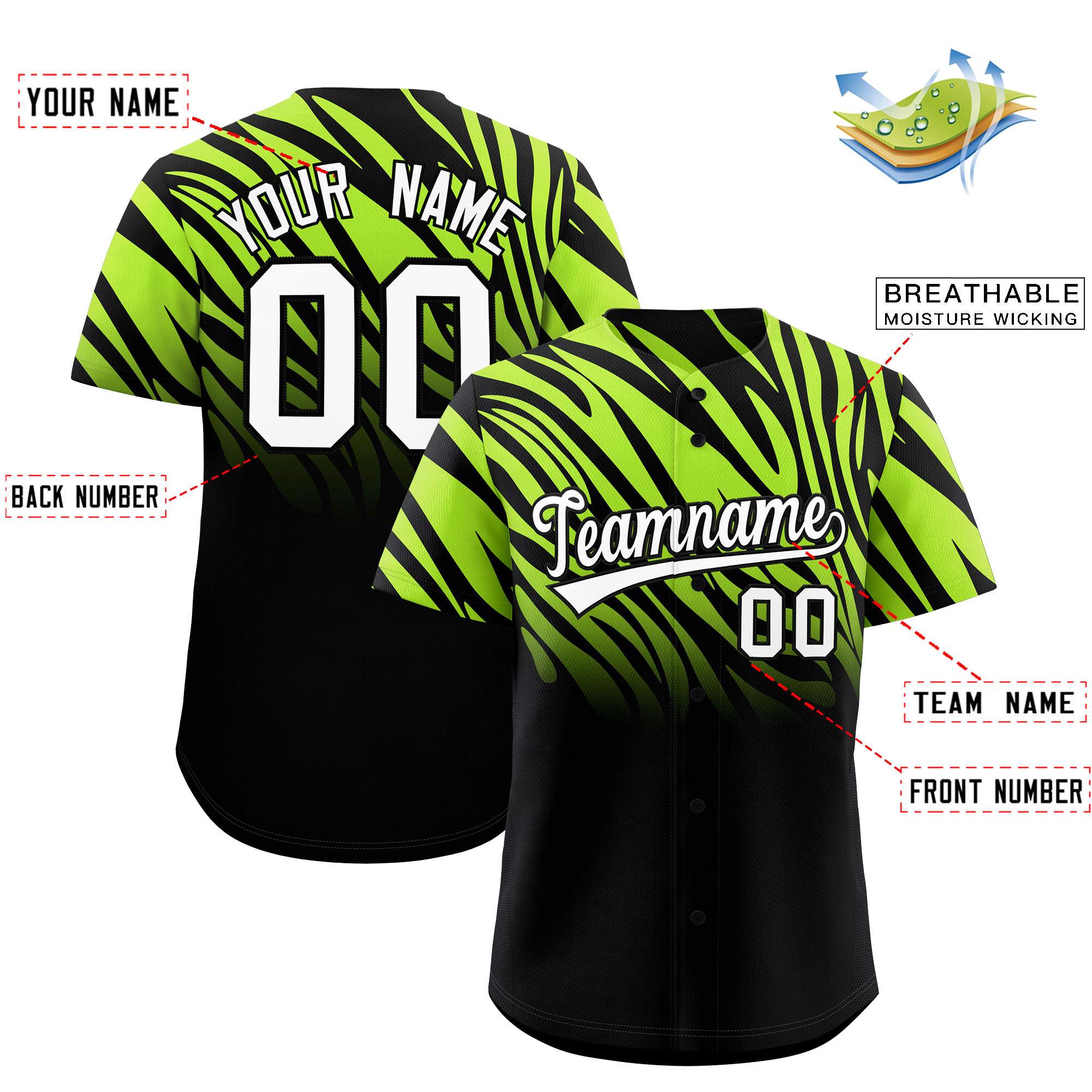 Custom Neon Green Black Tiger Stripe Gradient Animal Print Personalized Team Shirt Baseball Jersey