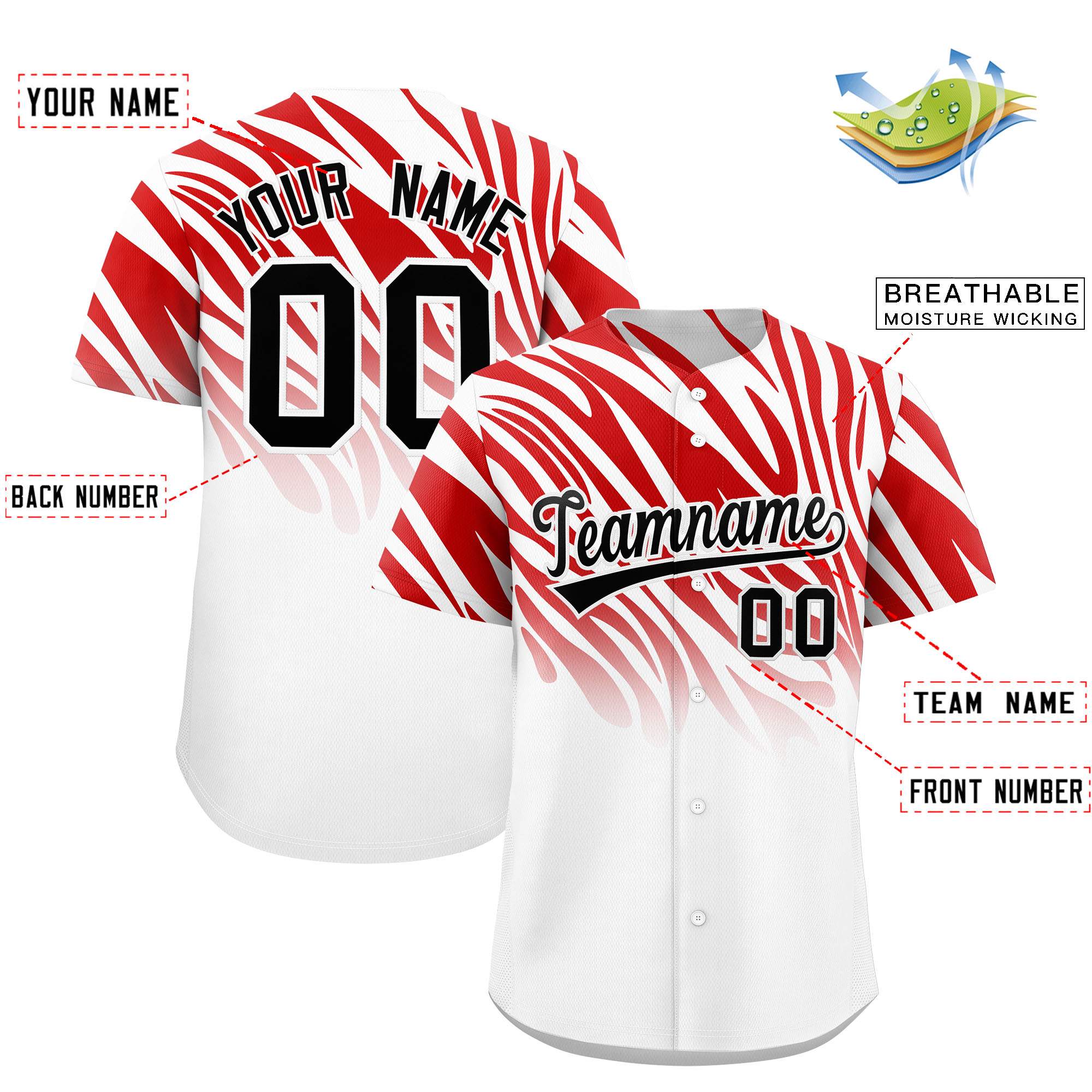 Custom Red White Tiger Stripe Gradient Animal Print Personalized Team Shirt Baseball Jersey