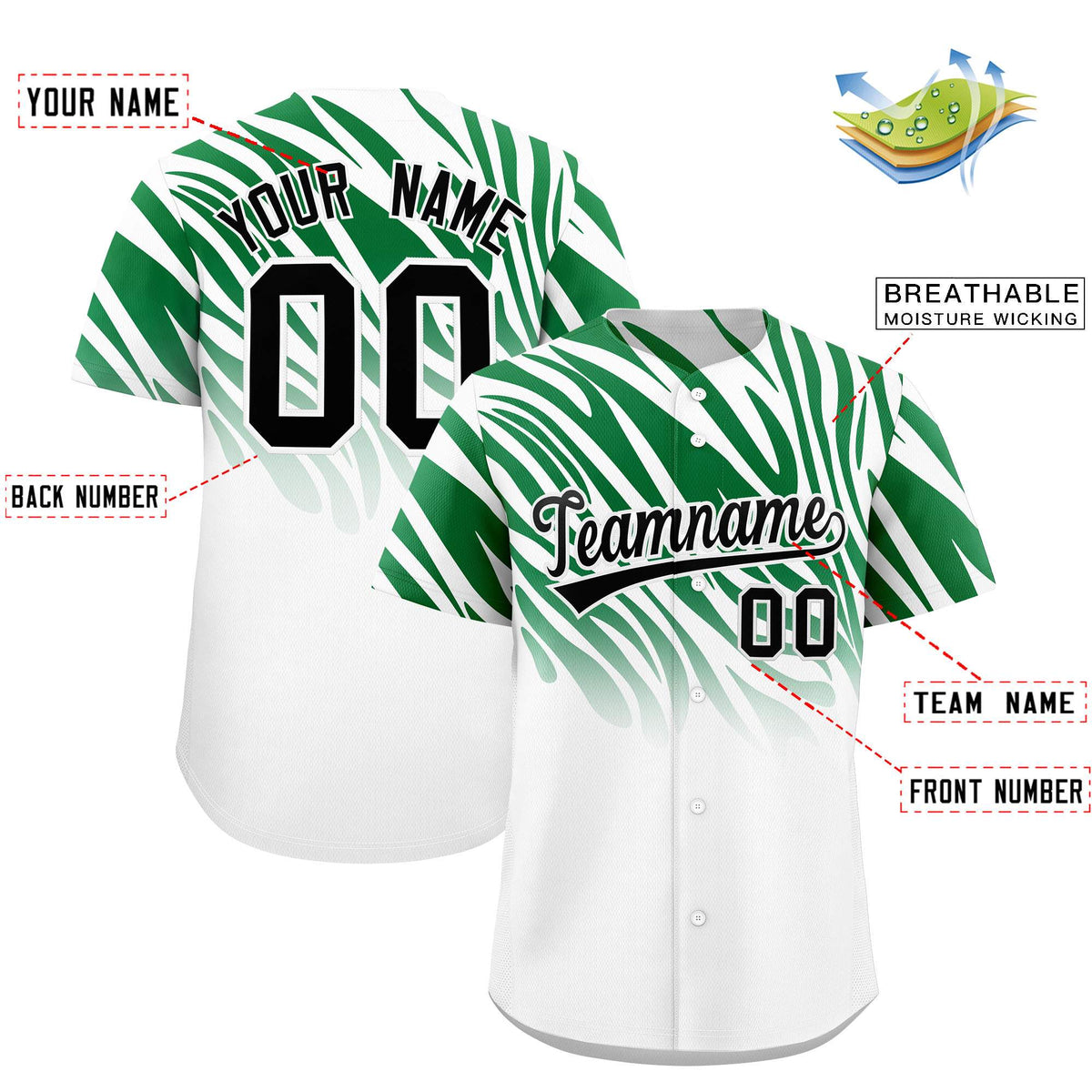 Custom Kelly Green White Tiger Stripe Gradient Animal Print Personalized Team Shirt Baseball Jersey