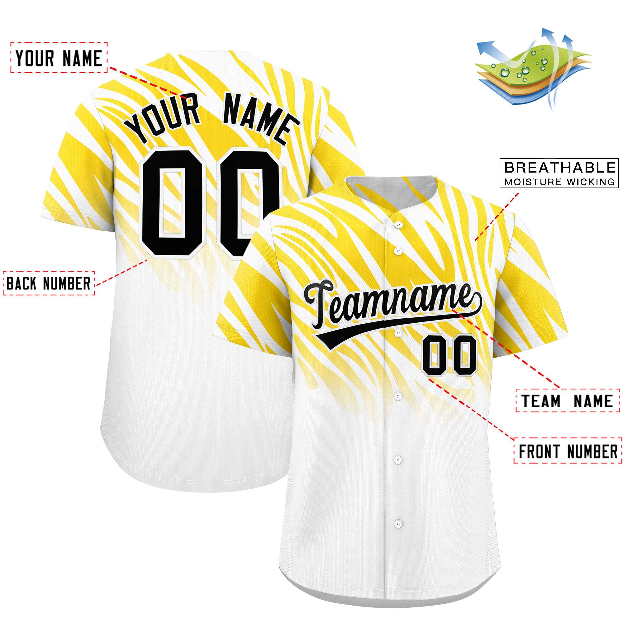 Custom Gold White Tiger Stripe Gradient Animal Print Personalized Team Shirt Baseball Jersey
