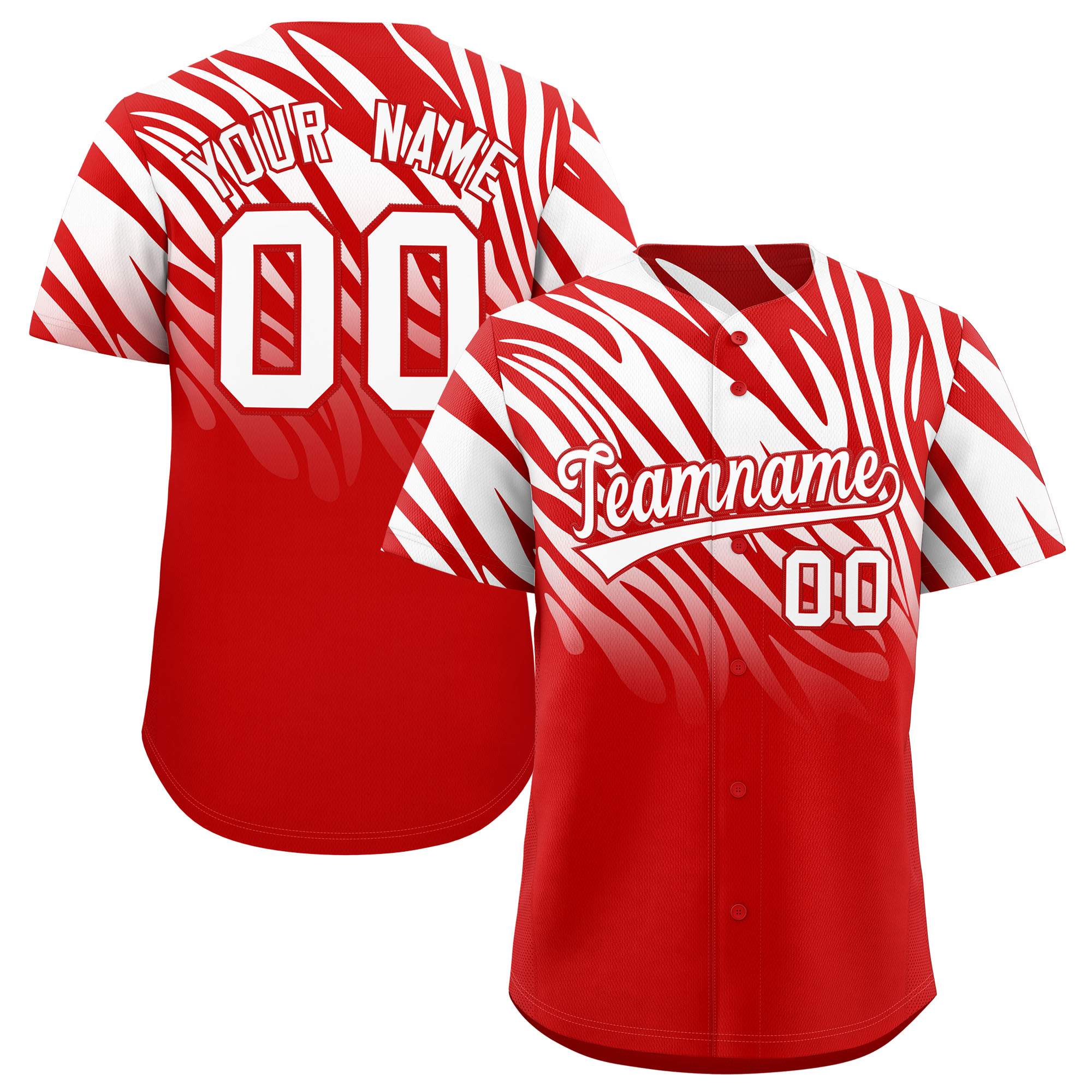 Custom Red White Tiger Stripe Gradient Animal Print Personalized Team Shirt Baseball Jersey