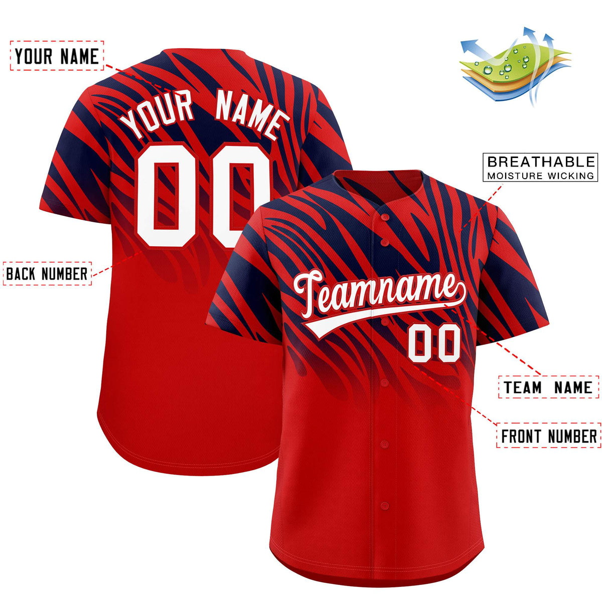 Custom Navy Red Tiger Stripe Gradient Animal Print Personalized Team Shirt Baseball Jersey