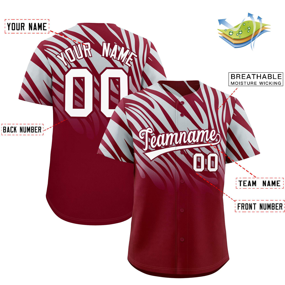 Custom Crimson Silver Tiger Stripe Gradient Animal Print Personalized Team Shirt Baseball Jersey