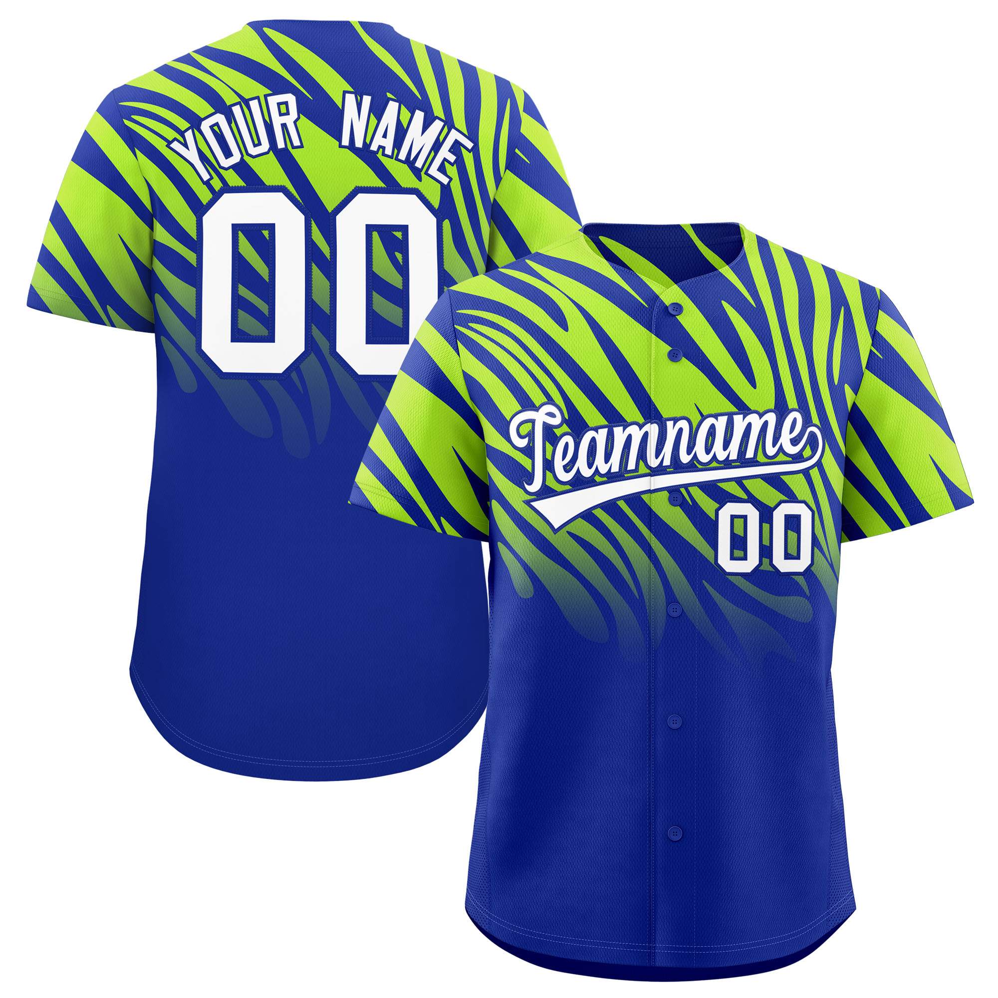 Custom Royal Neon Green Tiger Stripe Gradient Animal Print Personalized Team Shirt Baseball Jersey