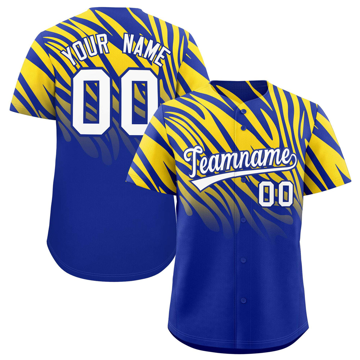 Custom Royal Gold Tiger Stripe Gradient Animal Print Personalized Team Shirt Baseball Jersey