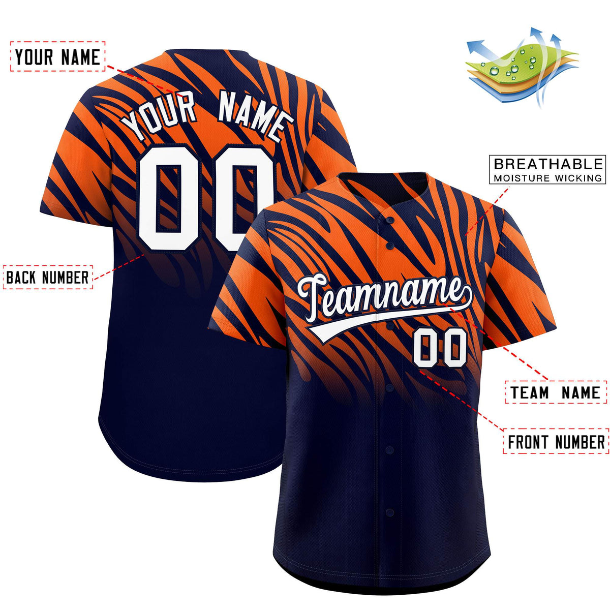 Custom Navy Orange Tiger Stripe Gradient Animal Print Personalized Team Shirt Baseball Jersey