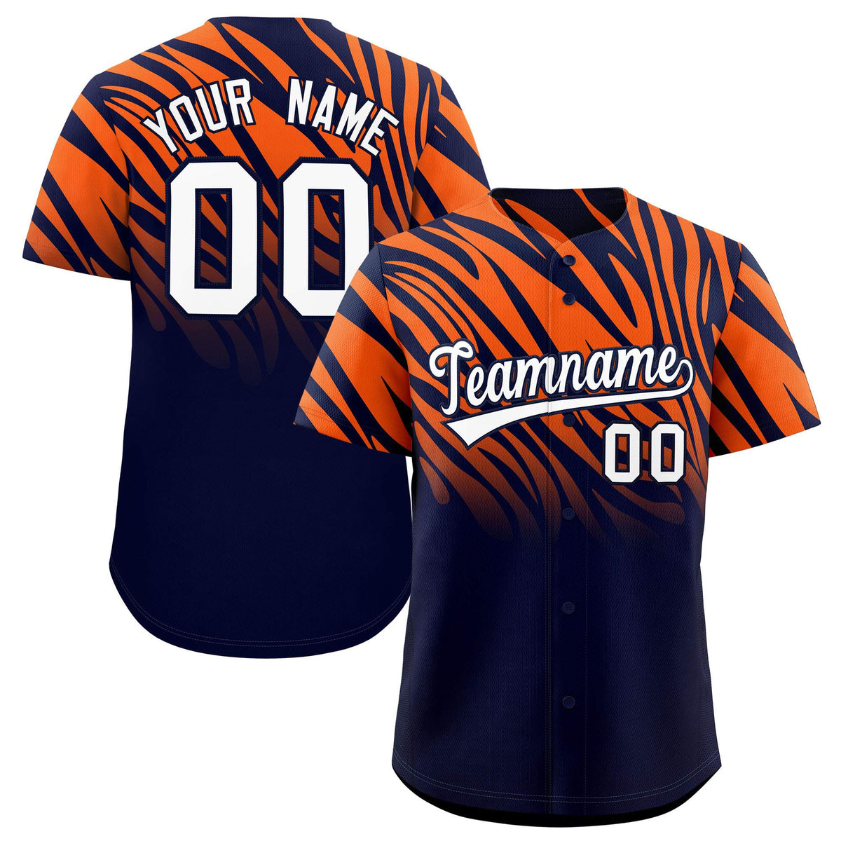 Custom Navy Orange Tiger Stripe Gradient Animal Print Personalized Team Shirt Baseball Jersey