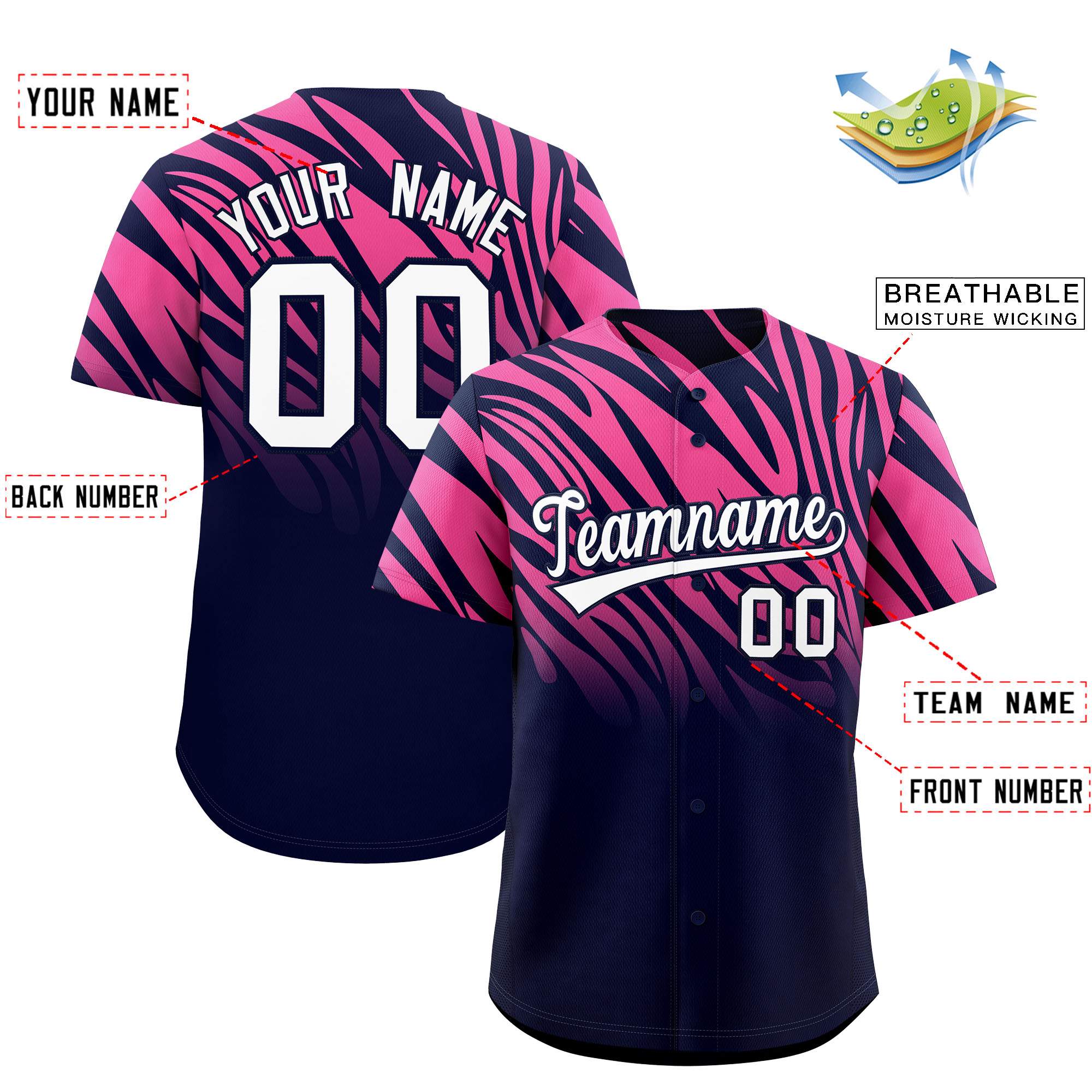 Custom Navy Pink Tiger Stripe Gradient Animal Print Personalized Team Shirt Baseball Jersey