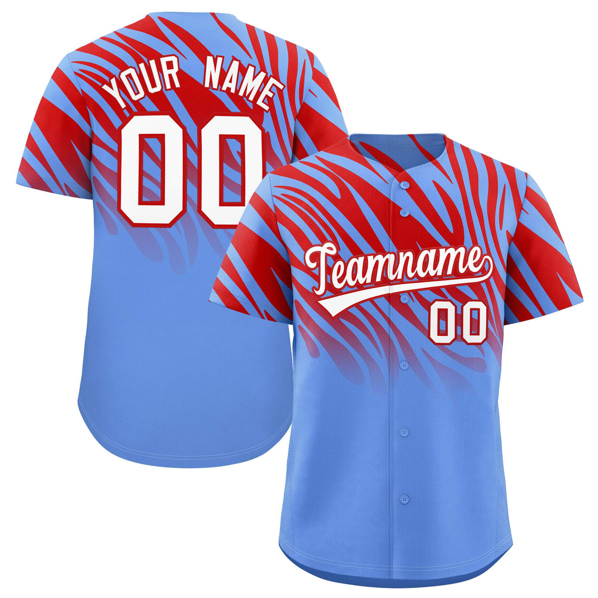 Custom Red Light Blue Tiger Stripe Gradient Animal Print Personalized Team Shirt Baseball Jersey