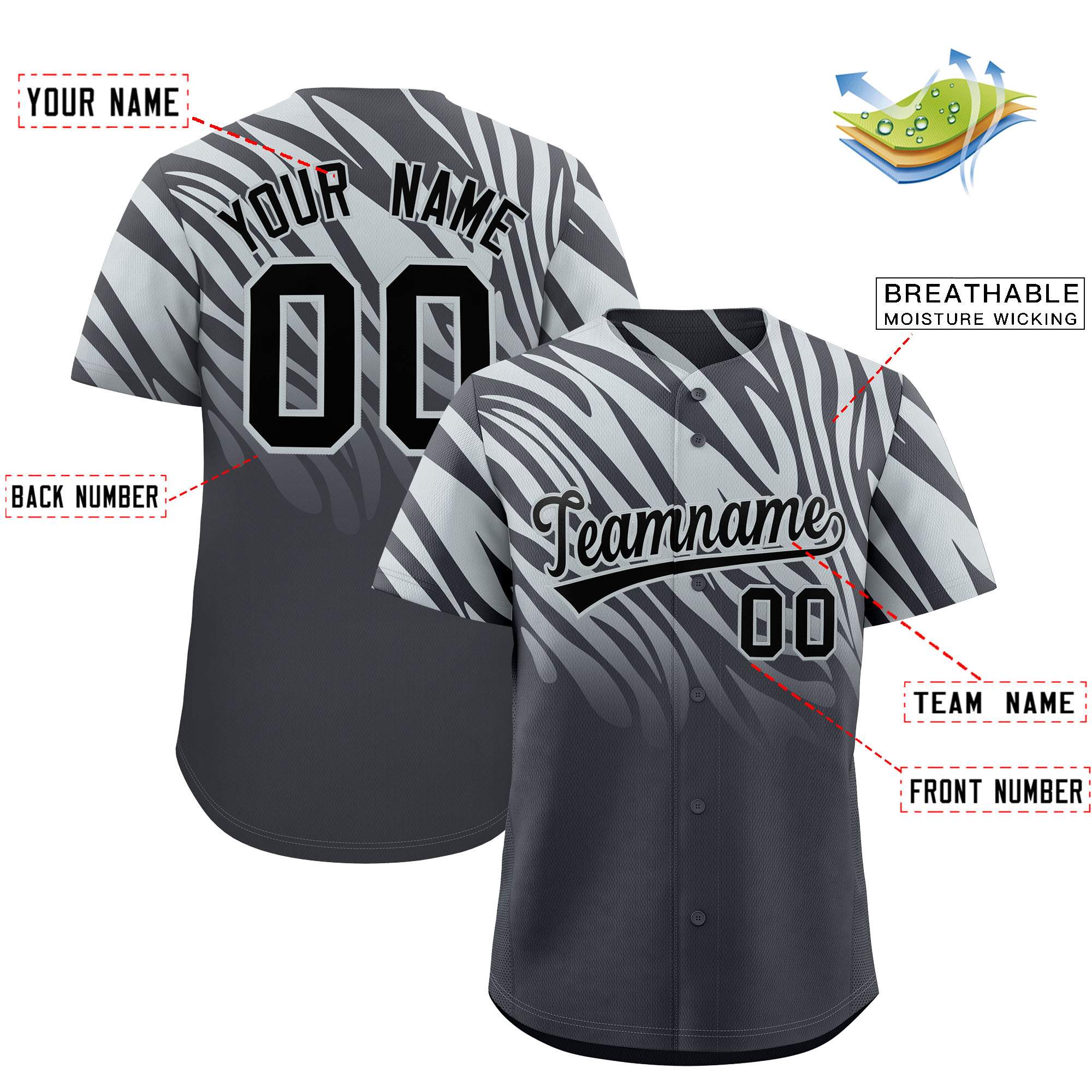Custom Gray Silver Tiger Stripe Gradient Animal Print Personalized Team Shirt Baseball Jersey