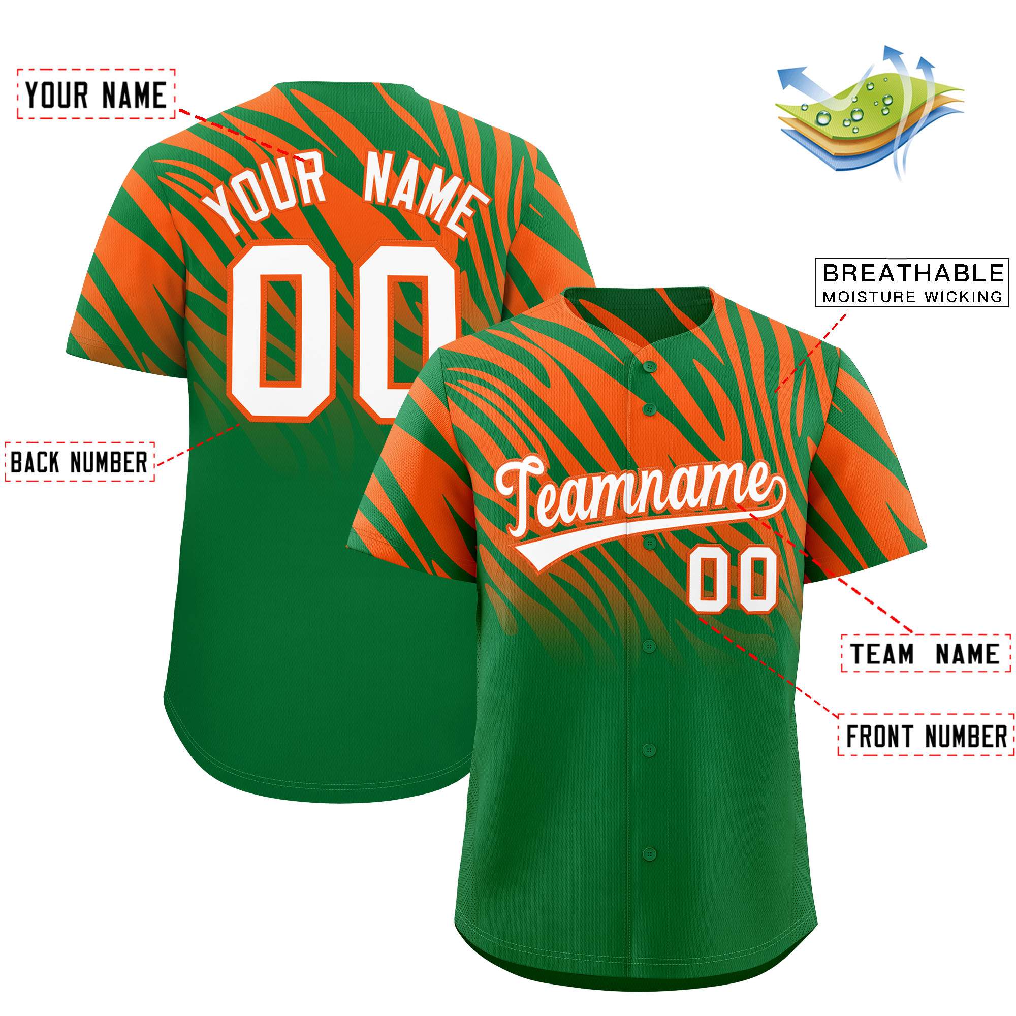Custom Kelly Green Orange Tiger Stripe Gradient Animal Print Personalized Team Shirt Baseball Jersey