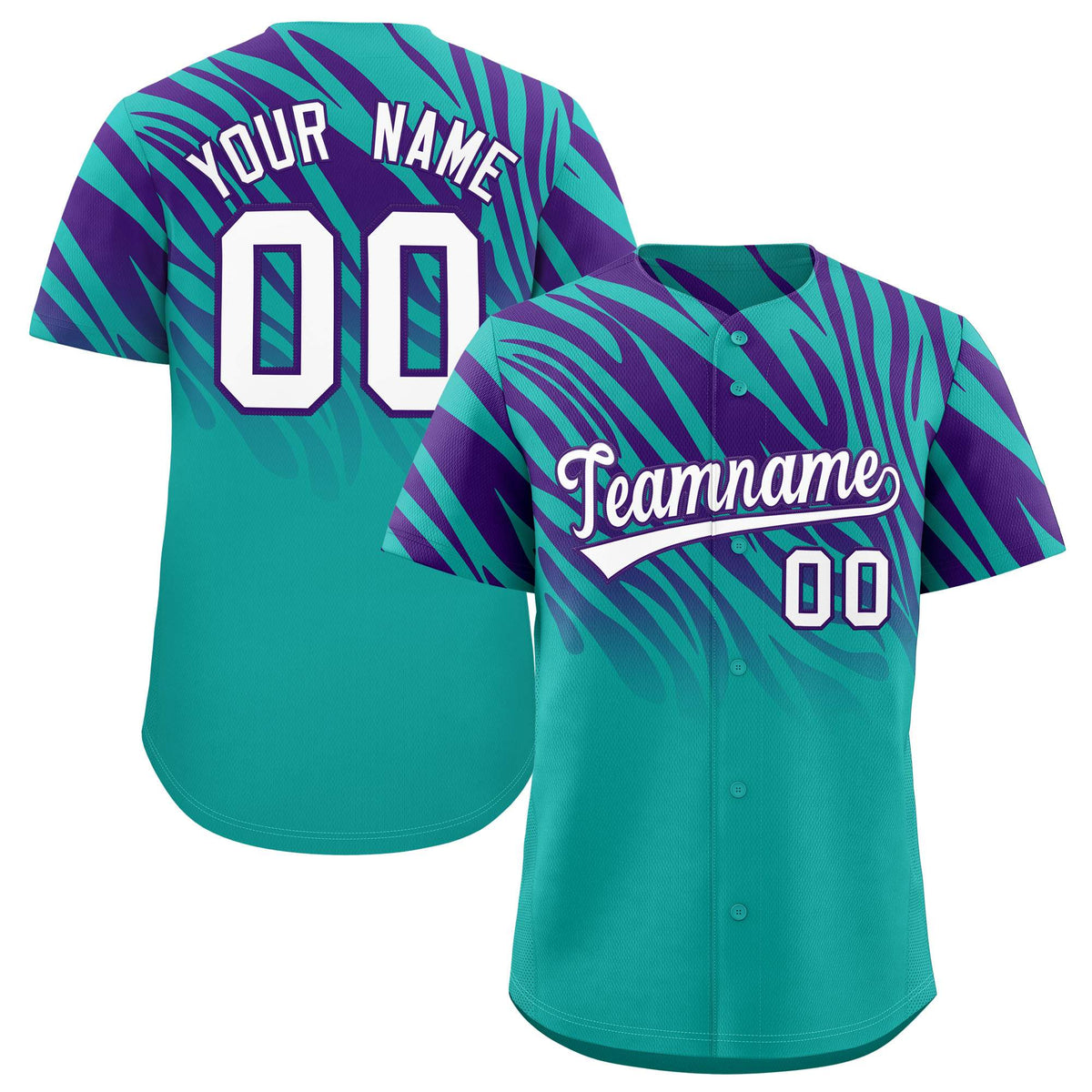 Custom Aqua Purple Tiger Stripe Gradient Animal Print Personalized Team Shirt Baseball Jersey