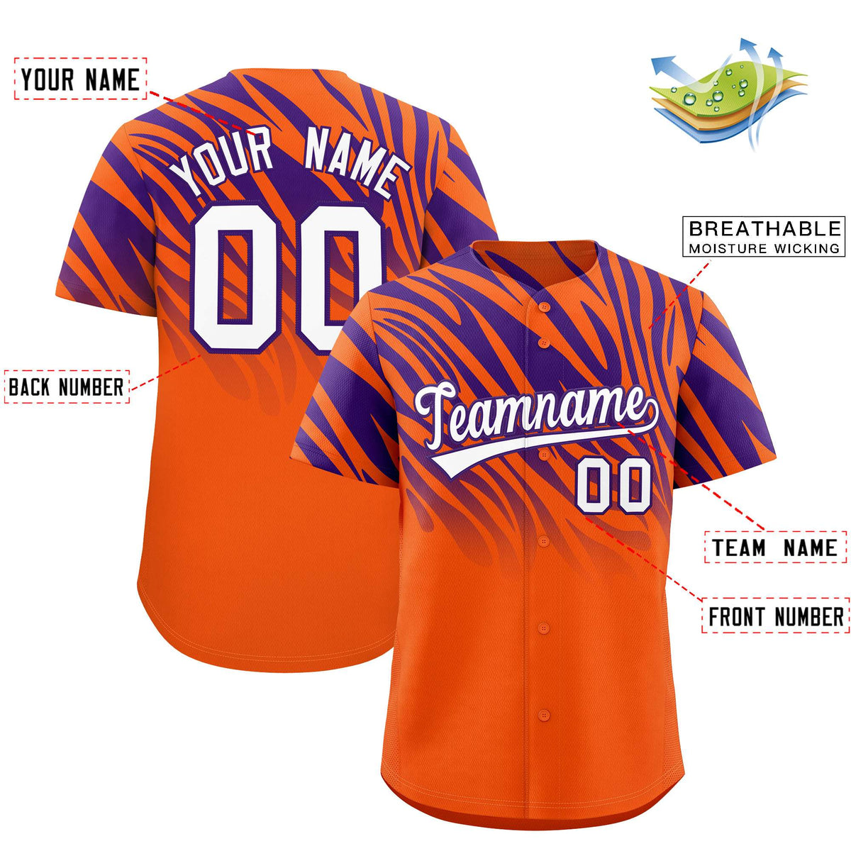 Custom Purple Orange Tiger Stripe Gradient Animal Print Personalized Team Shirt Baseball Jersey