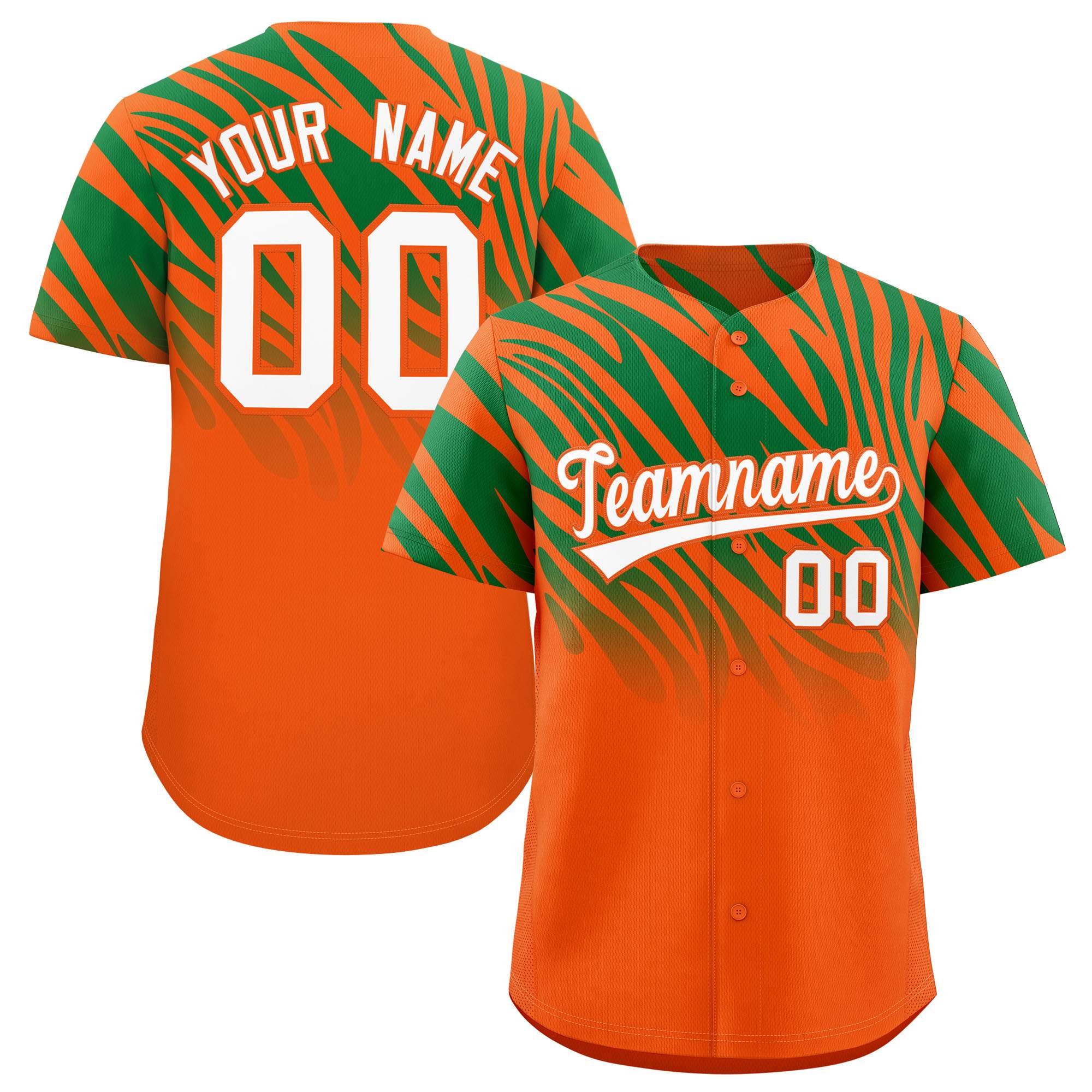 Custom Orange Kelly Green Tiger Stripe Gradient Animal Print Personalized Team Shirt Baseball Jersey