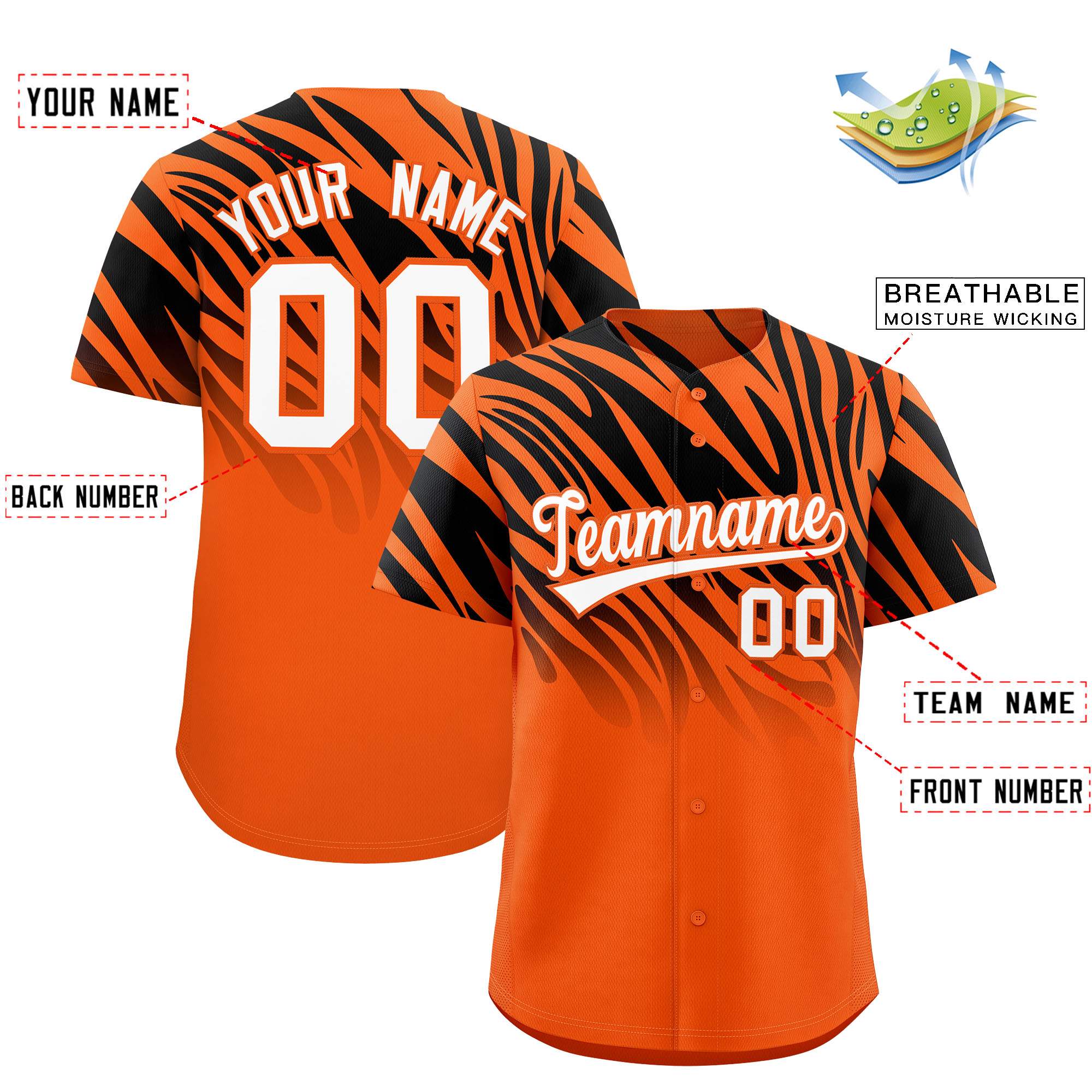 Custom Black Orange Tiger Stripe Gradient Animal Print Personalized Team Shirt Baseball Jersey