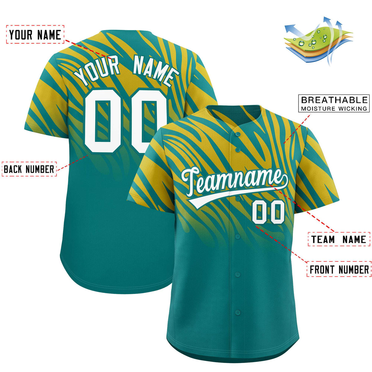 Custom Aqua Old Gold Tiger Stripe Gradient Animal Print Personalized Team Shirt Baseball Jersey