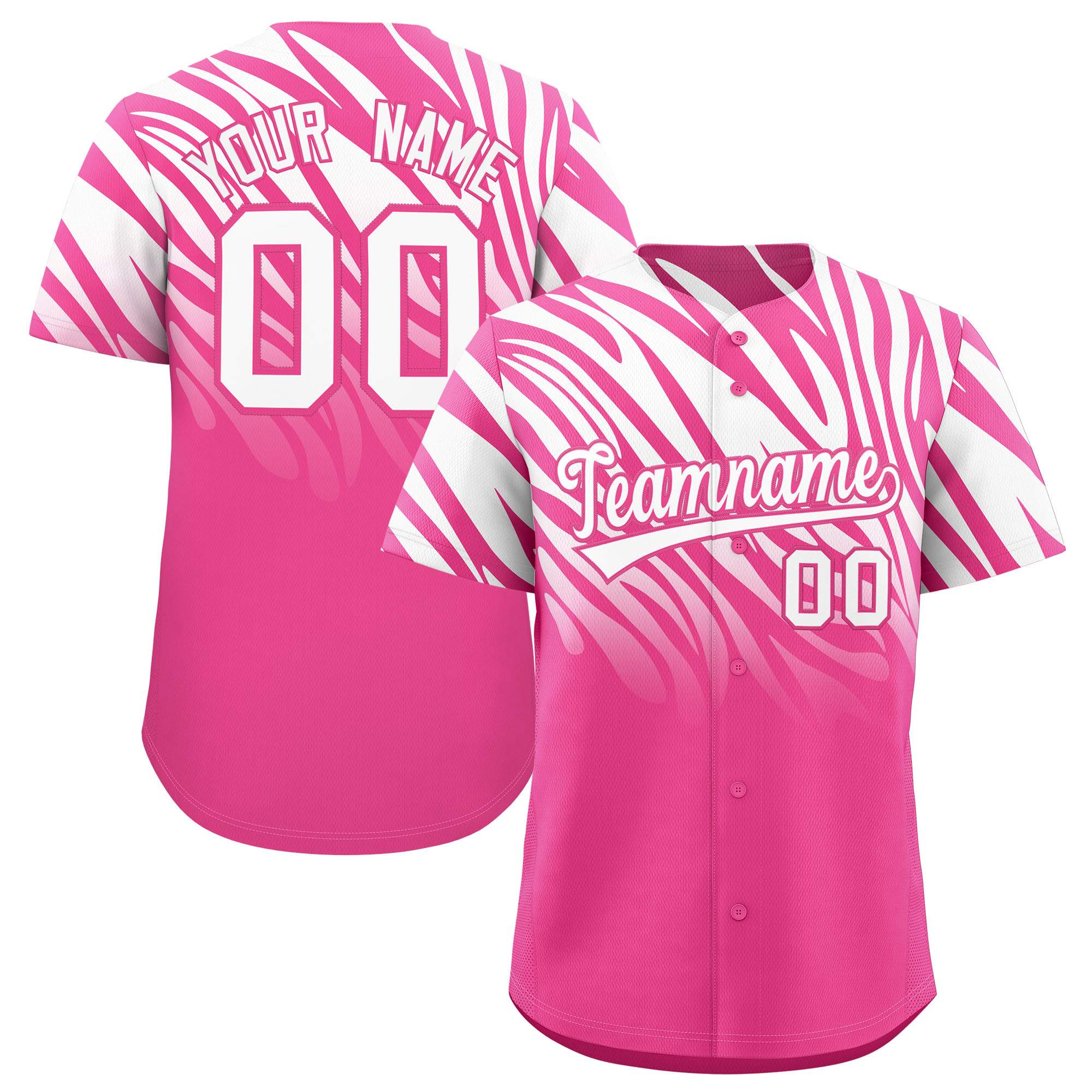Custom Pink White Tiger Stripe Gradient Animal Print Personalized Team Shirt Baseball Jersey