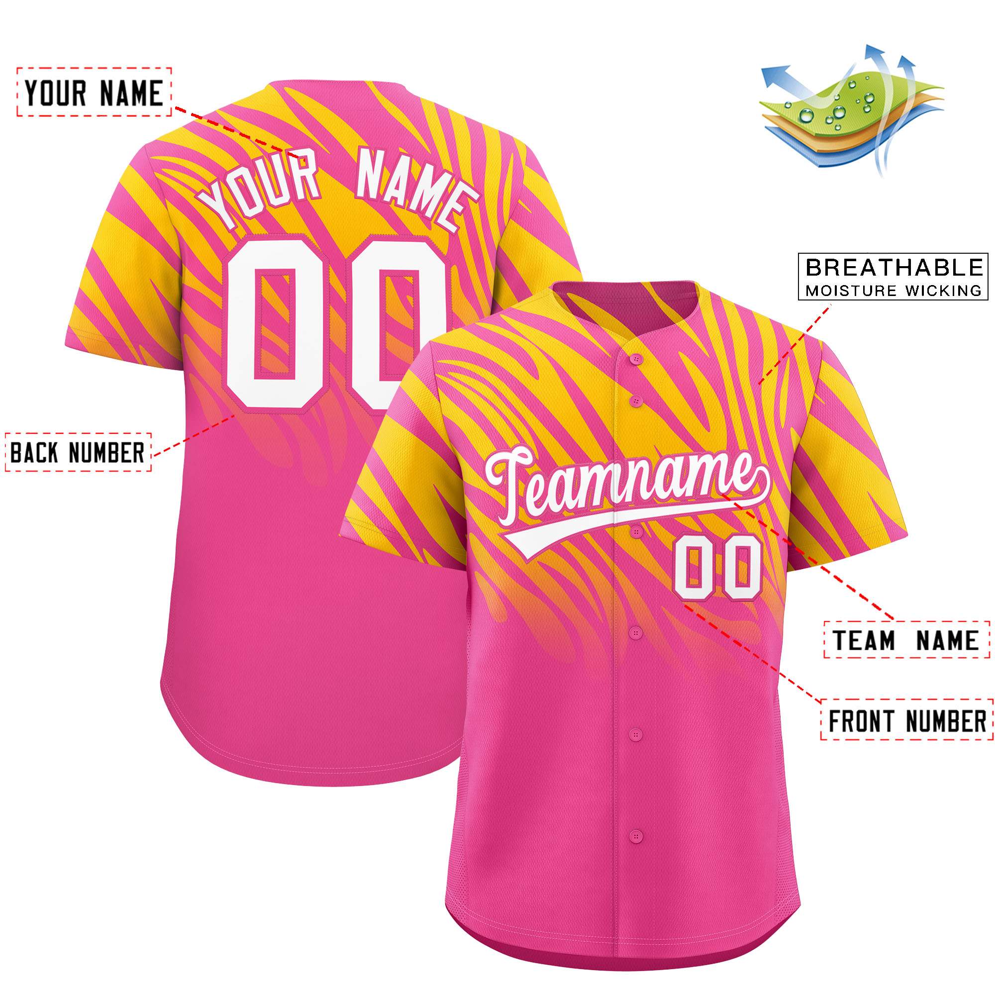 Custom Pink Gold Tiger Stripe Gradient Animal Print Personalized Team Shirt Baseball Jersey