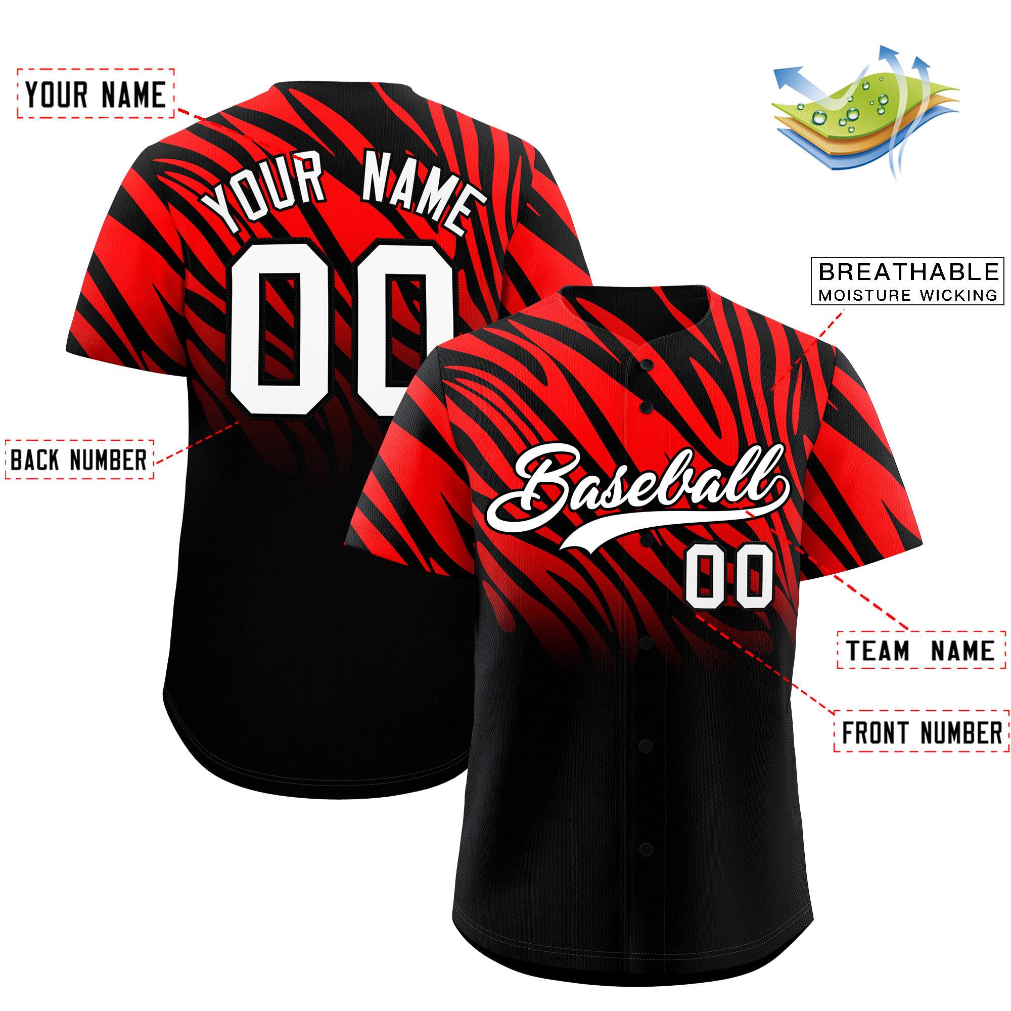 Custom Red Black Tiger Stripe Gradient Animal Print Personalized Team Shirt Baseball Jersey