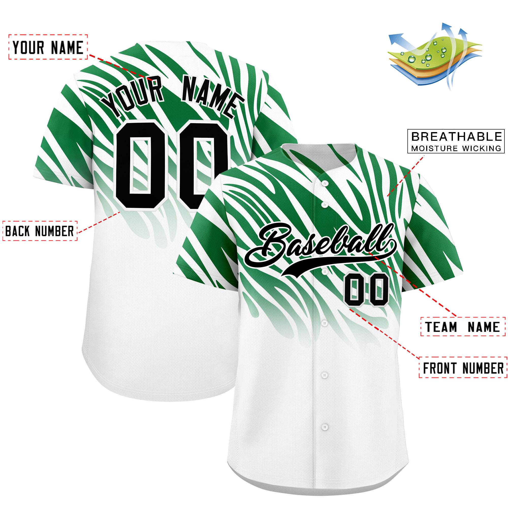 Custom Kelly Green White Tiger Stripe Gradient Animal Print Personalized Team Shirt Baseball Jersey