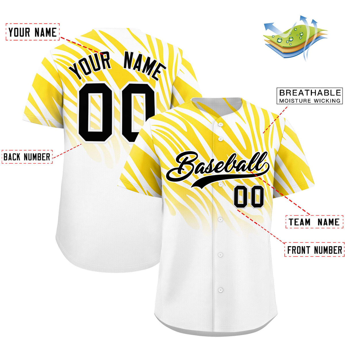 Custom Gold White Tiger Stripe Gradient Animal Print Personalized Team Shirt Baseball Jersey