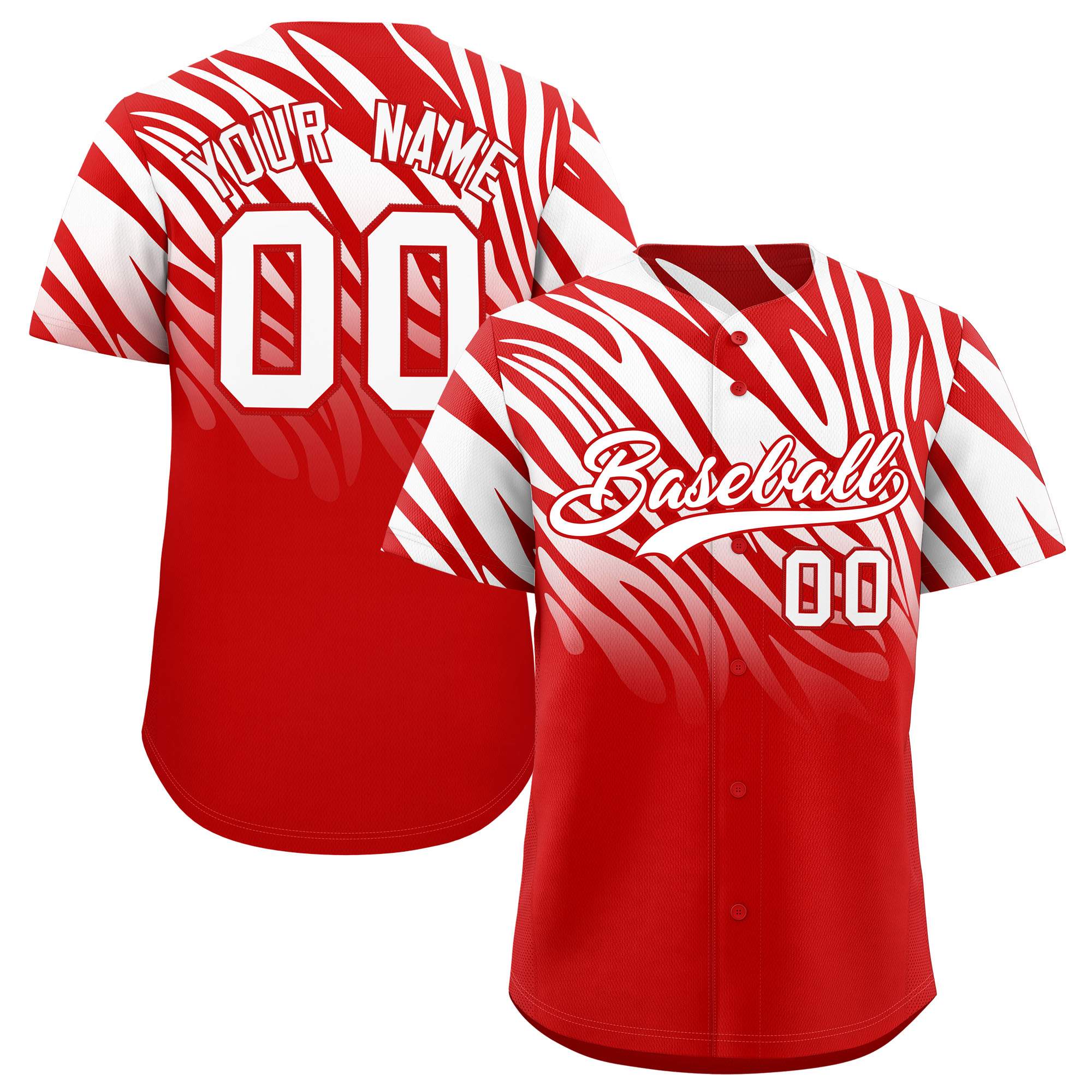 Custom Red White Tiger Stripe Gradient Animal Print Personalized Team Shirt Baseball Jersey