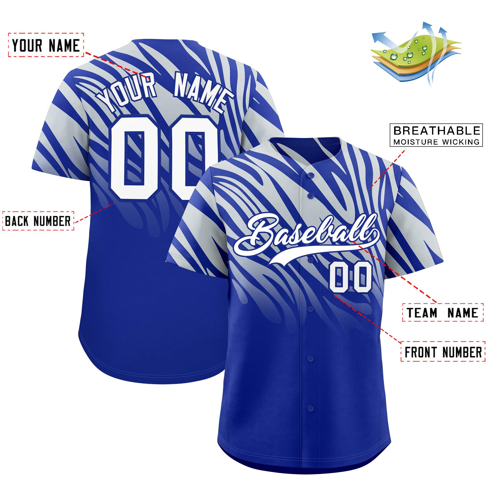 Custom Royal Silver Tiger Stripe Gradient Animal Print Personalized Team Shirt Baseball Jersey