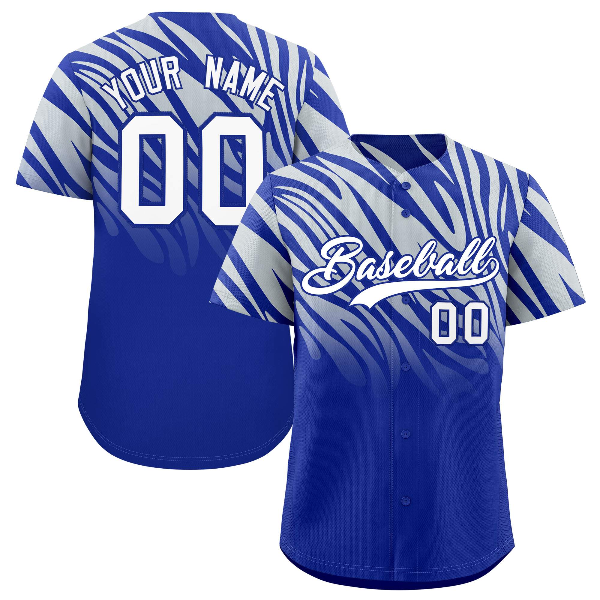 Custom Royal Silver Tiger Stripe Gradient Animal Print Personalized Team Shirt Baseball Jersey