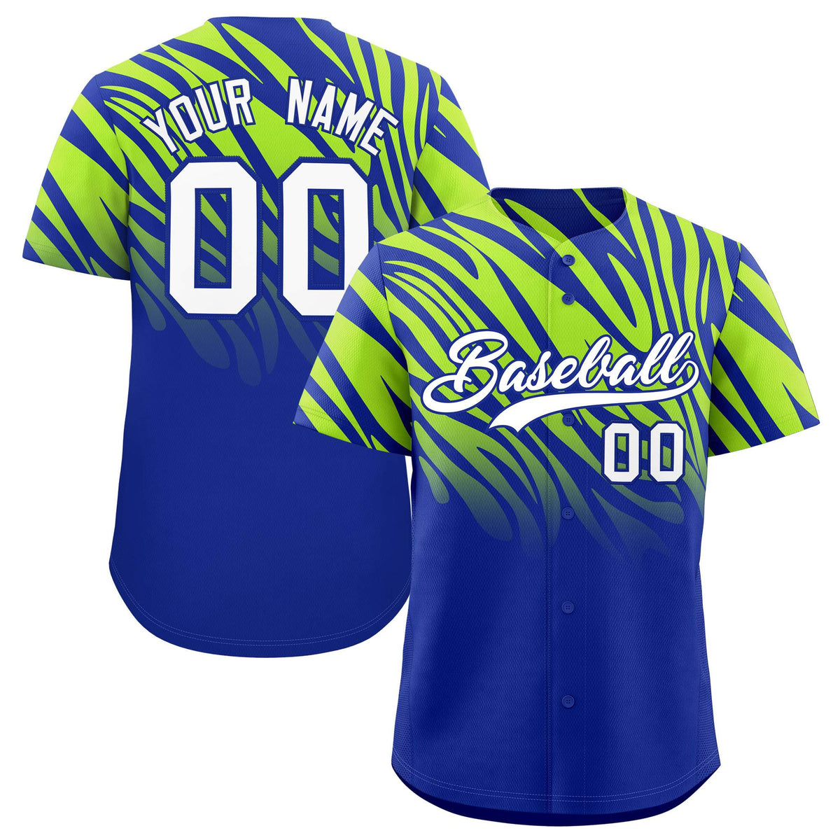 Custom Royal Neon Green Tiger Stripe Gradient Animal Print Personalized Team Shirt Baseball Jersey