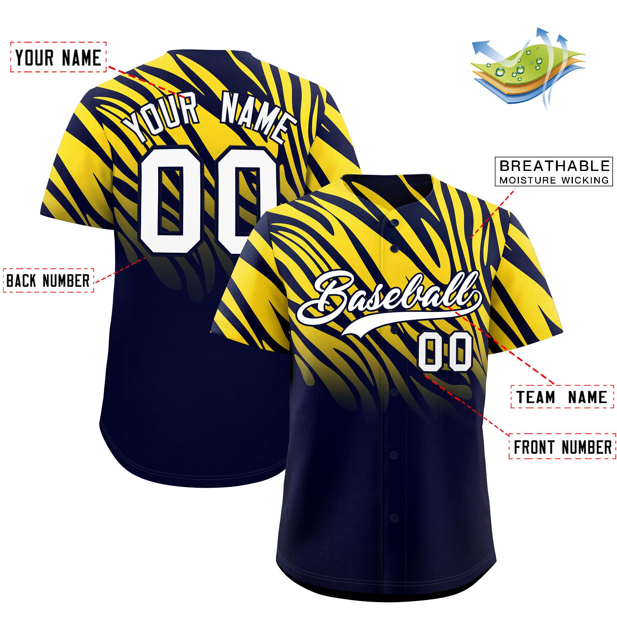 Custom Navy Gold Tiger Stripe Gradient Animal Print Personalized Team Shirt Baseball Jersey